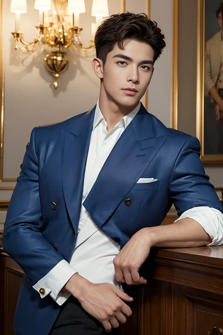 Ultra wide angle,((masterpiece)),((best quality)),8K,High Detail,Very detailed, 2 handsome muscular boys,Very manly,golden brown eyes,Fashionable short hair,Vivid male image, fashion pose, masculine expression,Real skin texture, ((Perfect hand details)),((Real and complete hand details)),Light,
Royal blue style couple,White male model photos