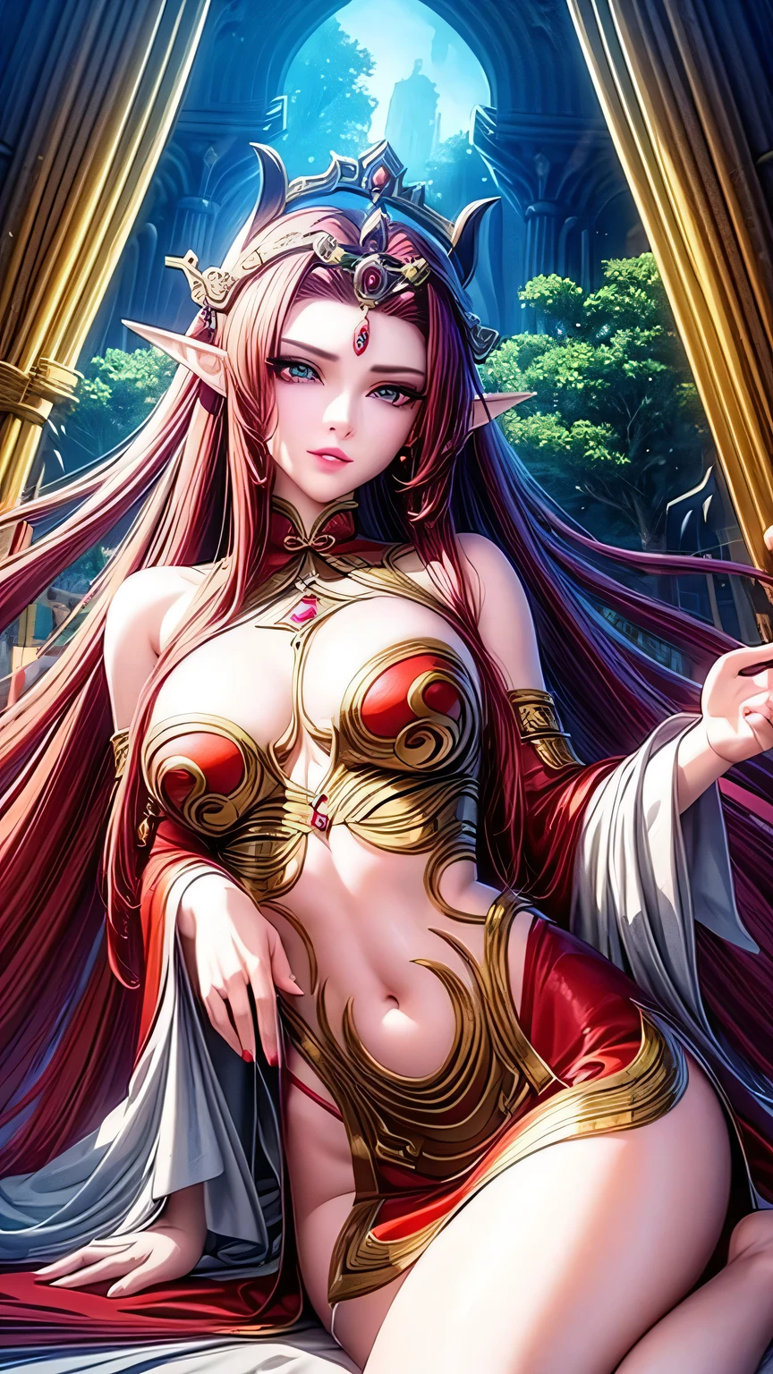 Close-up of a woman wearing a red dress and gold jewelry, （（Elf ears）），Royal sisters，Excellent appearance，Queen Medusa，Beautiful and elegant queen, portrait of queen, xianxia, Beautiful fantasy queen, xianxia fantasy, Beautiful young wind elf, Inspired by trees, ((Beautiful fantasy queen)), Zhao Yun, xianxia hero, 3D animation realistic, full-body xianxia, Smooth anime CG art