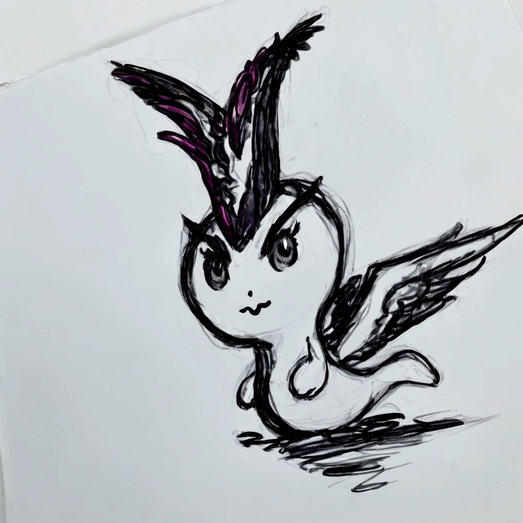 personagem noe stilo digimon, colorido, worms, asas de anjo, cabelo estiloso