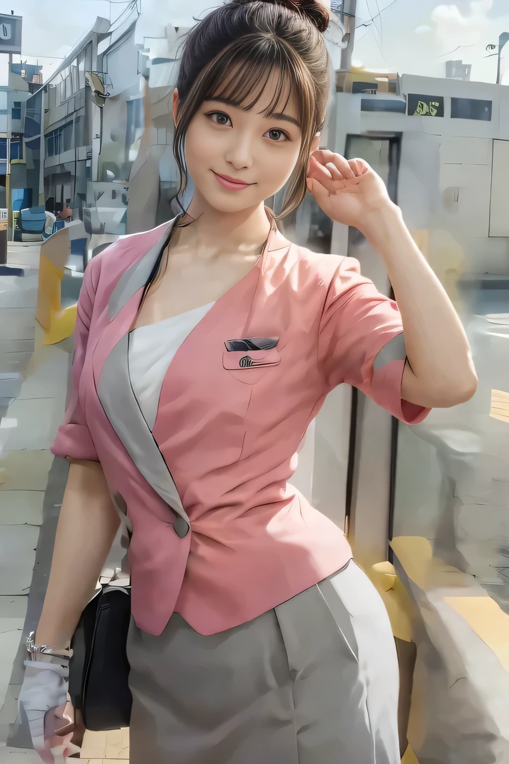 (masterpiece:1.2, highest quality:1.2), 32K HDR, High resolution, (alone、1 girl)、（On the rooftop of a building in the daytime、Professional Lighting）、Building rooftop background、（Nankai train crew uniform pinkを着たリアルスタイル）、（Nankai train crew uniform pink short sleeve pink jacket、Nankai Train Crew Uniform Pink Collarless Short Sleeve Blouse、Nankai Train crew uniform pinkのグレー色のキュロットスカート）、Dark brown hair、（Hair tied up、Hair Bun、Hair Bun）、Dark brown hair、Long Shot、Big Breasts、Thin legs、（（Great hands：2.0）），（（Harmonious body proportions：1.5）），（（Normal limbs：2.0）），（（Normal finger：2.0）），（（Delicate eyes：2.0）），（（Normal eyes：2.0））)、smile、（Nankai Train crew uniform pinkのグレー色のキュロットスカートを見せた美しい歩く姿）、Keep your hands natural