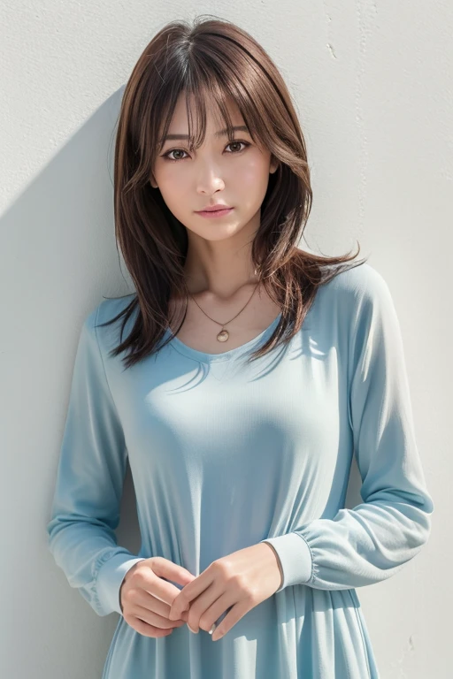 (Highly realistic photos, High resolution, Detailed face, Fine Eyes), ((Photographed in front of a white wall))、Japanese women, 40 years old, various expressions, alone:1, Slim figure, Various Hair Styles, Casual clothing, There is only one person in the photo、Long sleeve dress、Photographed in natural light、Simple Necklace、Spring Clothes、Don'Don't look at the camera、profile、Pink brown hair color、long hair
