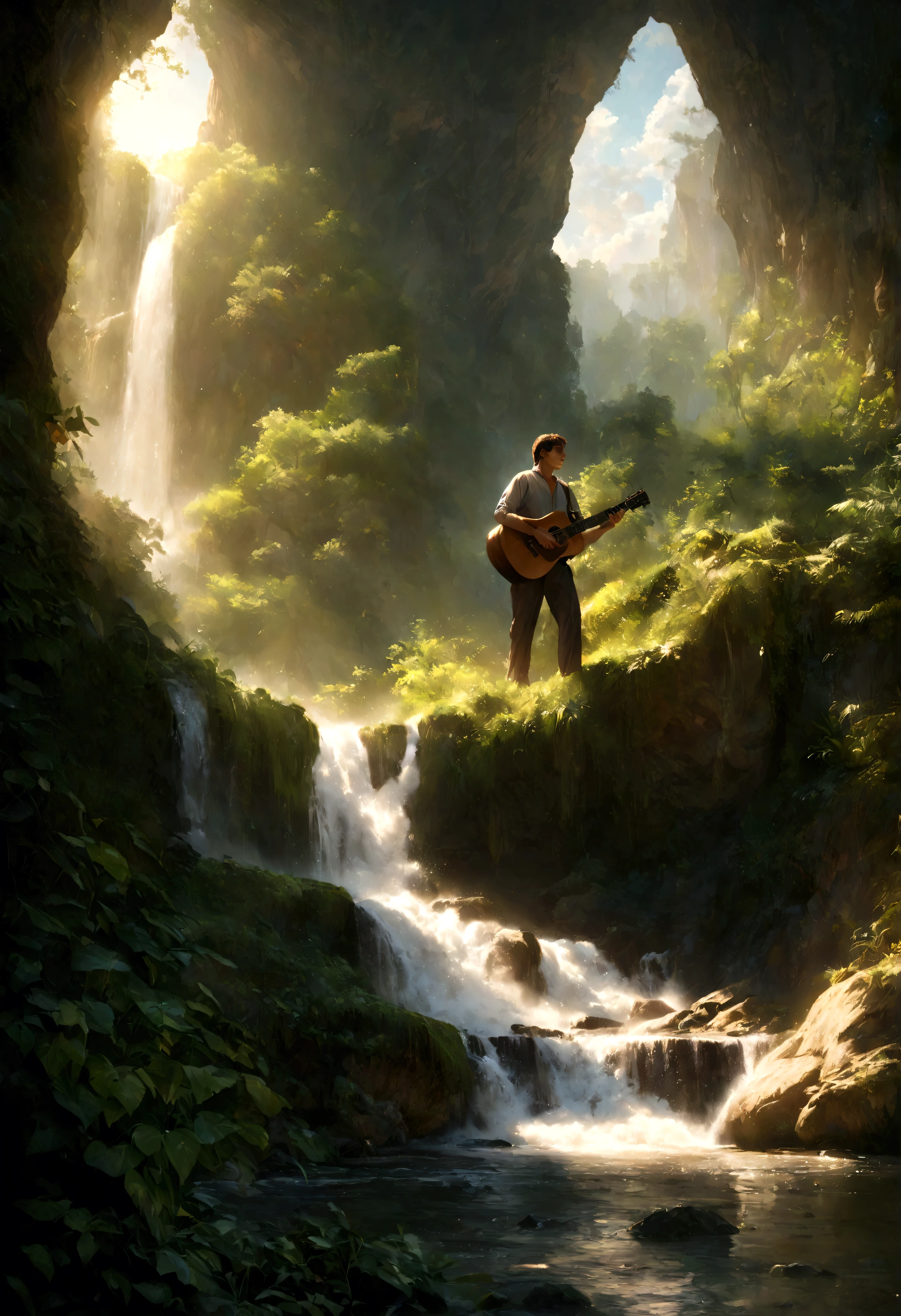 In the style of Studio Ghibli, a boy playing guitar by stream, waterfall, wilderness, realistic, photorealistic, 8k, ultra-detailed, extremely detailed, highly detailed, masterpiece, best quality, vivid colors, natural lighting, dramatic lighting, moody lighting, cinematic, atmospheric, serene, peaceful, tranquil, beautiful, peaceful landscape, lush vegetation, dense foliage, dramatic sky, fluffy clouds, golden hour, dappled sunlight, intricate details, intricate textures, hyper realistic, stunning, breathtaking, amazing, awe-inspiring, flawless