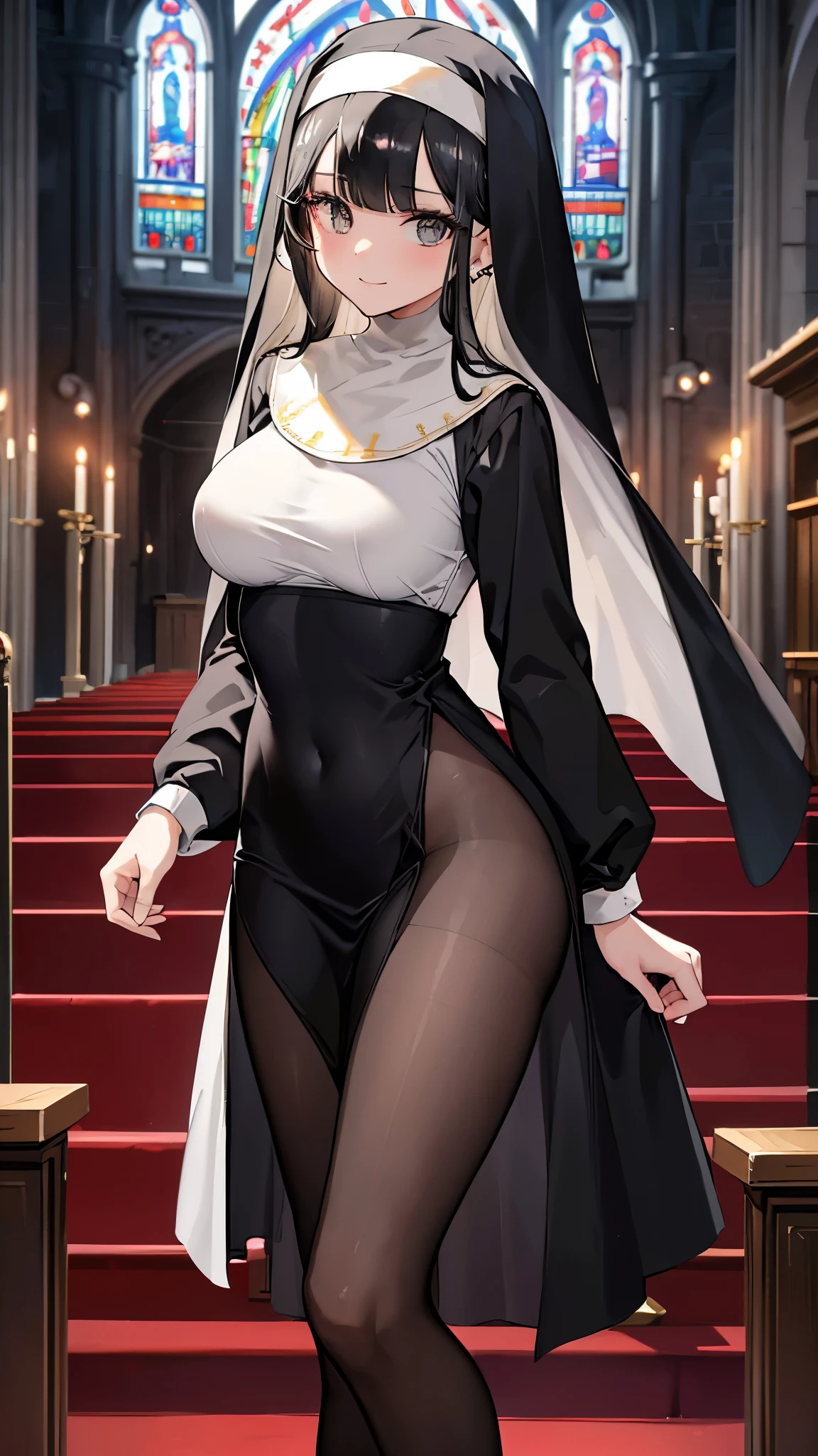 (8k、Best image quality、highest quality、masterpiece)、Detailed face、 One girl、Black Hair、Long Hair、blunt bangs、Grey Eyes、Earrings、smile、Large Breasts、((nun))、((side slit))、((black pantyhose))、Cowboy Shot、altar、Stained glass、Church Background