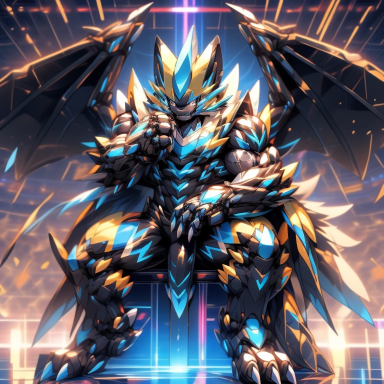 (ZERAORA, 8K), (Zeraora's giant robot, Powered exoskeleton with the same design as Zeraora), (Masterpiece, highres) (Detailed head, Detailed Body, Detailed abs, full body) (gigantic muscles, Gigachad Muscular, big muscle, pecs, triceps, traps, unusually developed muscular body, body full of huge muscles. showing off muscles, pectorales enormes, Exaggeratedly huge muscles.) (nj5furry, The claws are sharp, Sharp teeth, sharp claws), (long legs), (Spread wings, It has wings, have big wings, golden wings), (Wrestling, wrestler, the bodybuilding), (It has wings, whole body shines like metal, Wearing cyberpunk mecha, emphasizes the muscles, suit fully made of metal, intricate armor, Robotic suit, suit fully made of metal, cyborg), (black color hyper penis, hyper black penis), sitting on the throne,