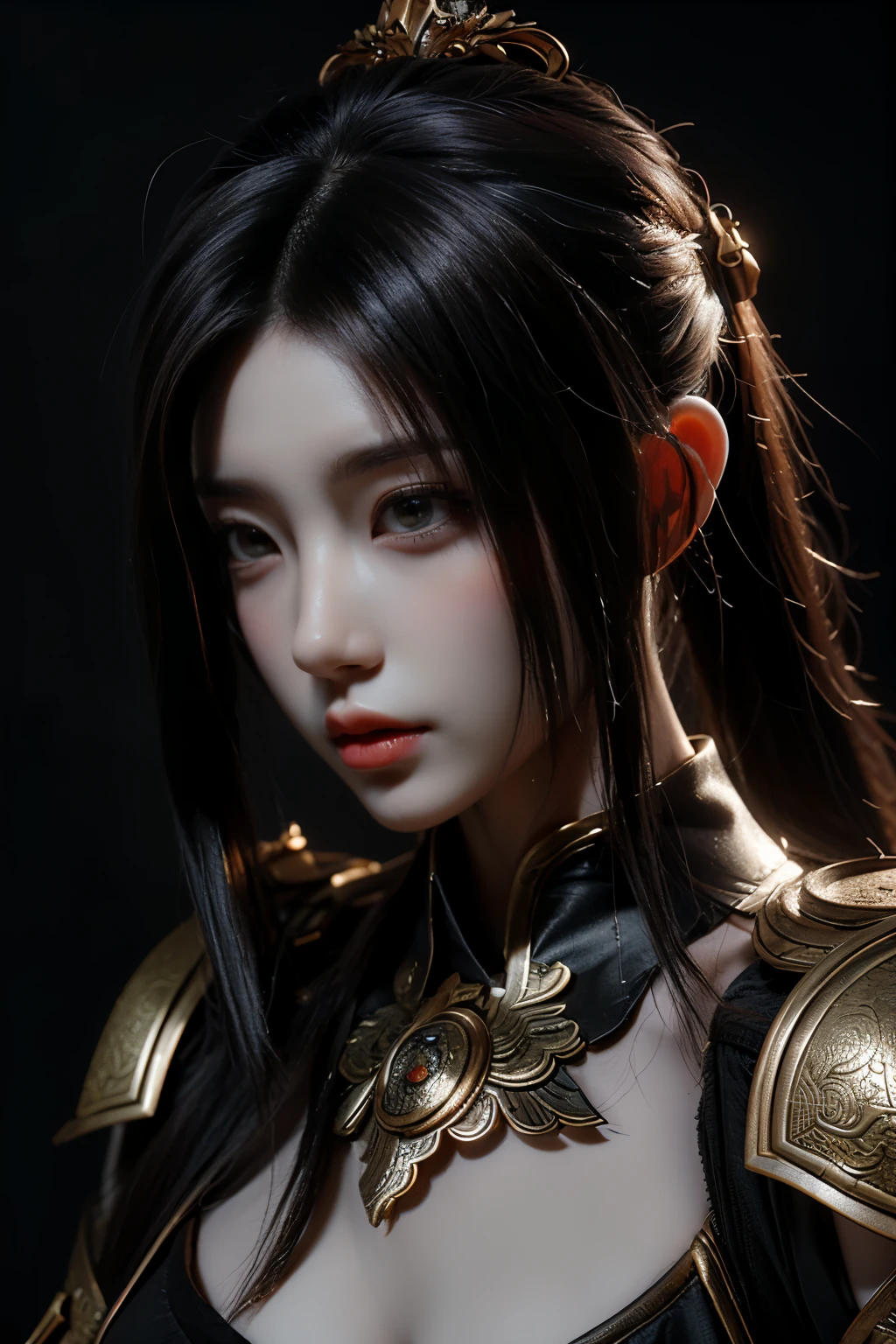 masterpiece,Game Art,Best picture quality,Maximum resolution,8K,(portrait),Unreal Engine 5 rendering works,(Digital Photography),
girl,beautiful pupils,(Gradient long hair),plump,(Large Breasts),(portrait photography:1.5),
(chivalrous women of tang dynasty),Casual Hairstyle,delicate face,(Full breasts,Large Breasts),Serious,Cool and elegant,(Wear combat armor with Chinese costume characteristics,complex patterns,Mysterious light,hollow armor),(red and black),Ancient fantasy style character movie lighting，Ray tracing，Game CG，((3D Unreal Engine))，oc render reflection texture