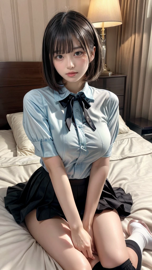 masterpiece, best quality, illustration, Super detailed, fine details, High resolution, 8K,wall paper, perfect dynamic composition,(Details High quality, realistic depiction of eyes:1.3), (collared shirt:1.1), pleated skirt, knee high socks, Lying down, large breasts, short bob hair, black hair color, Big Natural Color Lip, bold sexy pose, (perfect body shape), crying a little、Harajuku style、20 year old girl、cute type、ta、beautiful legs, hotel room, hposing Gravure Idol, (woman on top, straddling, sitting)
