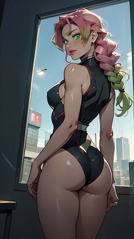 Hyper realistic super detailed sexy Mitsuri Kanroji, NSFW, Very detailed, expressions faciales sexy, seductive facial expressionace detail: 1.4): 0.4], 16K resolution, 4k resolution, dinamic lighting, High definition resolution, (sexy pose, Position attrayante), (hyper realistic: 1.4), (back light: 1.2), (sun light: 1), (pleine hauteur: 1.8),(contrasting background: 1.5), (Anatomy of the hyperrealistic arm), (Hyperrealistic anatomy of the legs), (peau propre), (lighting cinematic: 1.7), (intime), (Technologie NVIDIA RTX Ray Tracing), (Ventre plat parfait), (image couleur),Create a 4K resolution, ultra-realistic, and extremely detailed artwork featuring a Mitsuri Kanroji in a corporate office setting with a provocative style. Mitsuri Kanroji  the central character in the artwork. She stands in front of a big glass window of a modern office offering a cityscape view.

 ((Mitsuri Kanroji (demon slayer))), a girl with long green-pink gradient hair and green eyes, green hair, gradient hair, multicolored hair, long hair. Sha has a commanding presence. She has a provocative yet professional silhouette, with a tailored business suit that subtly emphasizes her figure. Her makeup  bold, with striking red lips and a gaze that demands attention.

She  dressed provocatively,  a bold fashion statement. bright colored leotard, bare shoulders, a touch of glamour to her overall appearance. shy smile, faint smile