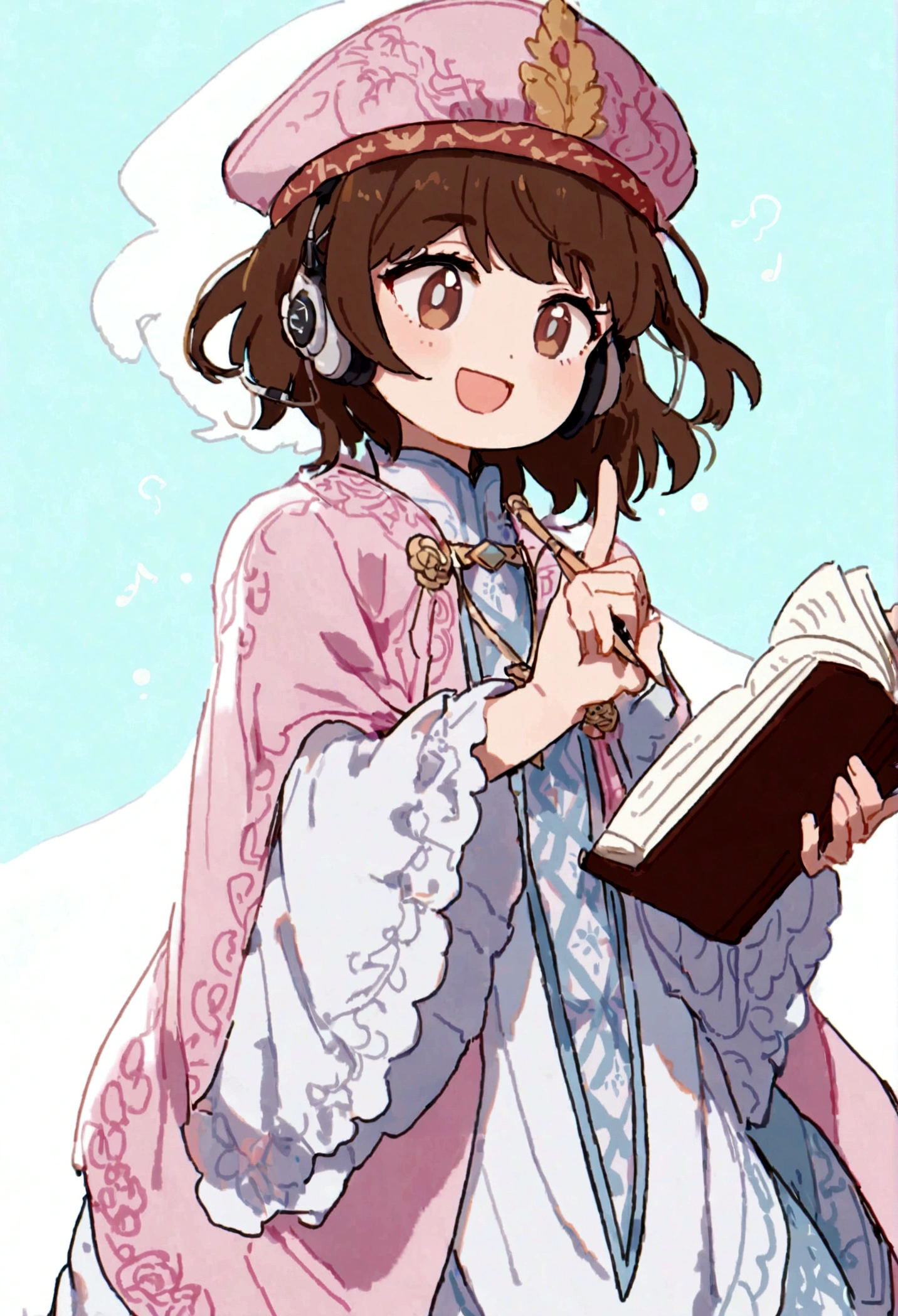 (Daisaku),(Need),(Super meticulous),(full bodyesbian:1.2),1girl,tchibi,adolable,ssmile,open-mouth smile,Light blue background,Raise your right hand,Hold a pencil in hand,Hold a book in your left hand,Music,Pink berets,Manteau,The shirt,short detailed hair,green headwear,Blurred,brunette color hair,longer sleeves,By bangs,Earphone,brunette color hair,(beautiful detailed face),(Beautiful and delicate eyes),