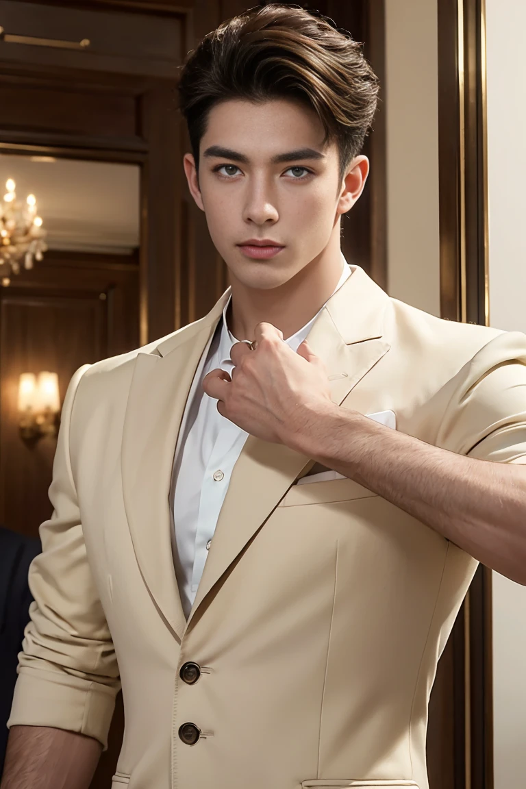 Ultra wide angle,((masterpiece)),((best quality)),8K,High Detail,Very detailed, 2 handsome muscular boys,Very manly,golden brown eyes,Fashionable short hair,Vivid male image, fashion pose, masculine expression,Real skin texture, (((Perfect hand details))),((Real and complete hand details)),Light,
Royal blue style couple,White male model photos