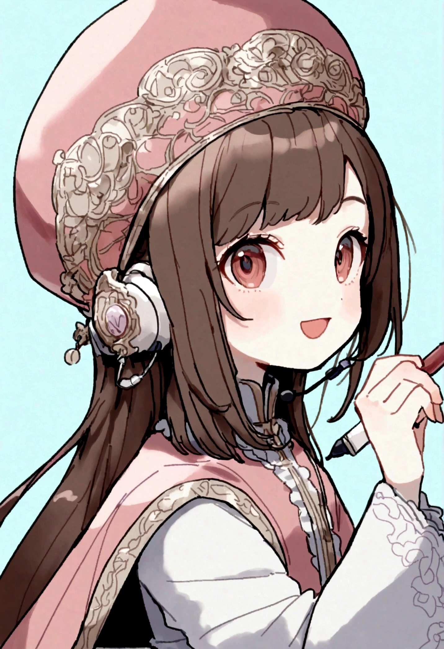 (Daisaku),(Need),(Super meticulous),(full bodyesbian:1.2),1girl,tchibi,adolable,ssmile,open-mouth smile,Light blue background,Raise your right hand,Hold a pencil in hand,Hold a book in your left hand,Music,Pink berets,Manteau,The shirt,short detailed hair,green headwear,Blurred,brunette color hair,longer sleeves,By bangs,Earphone,brunette color hair,(beautiful detailed face),(Beautiful and delicate eyes),