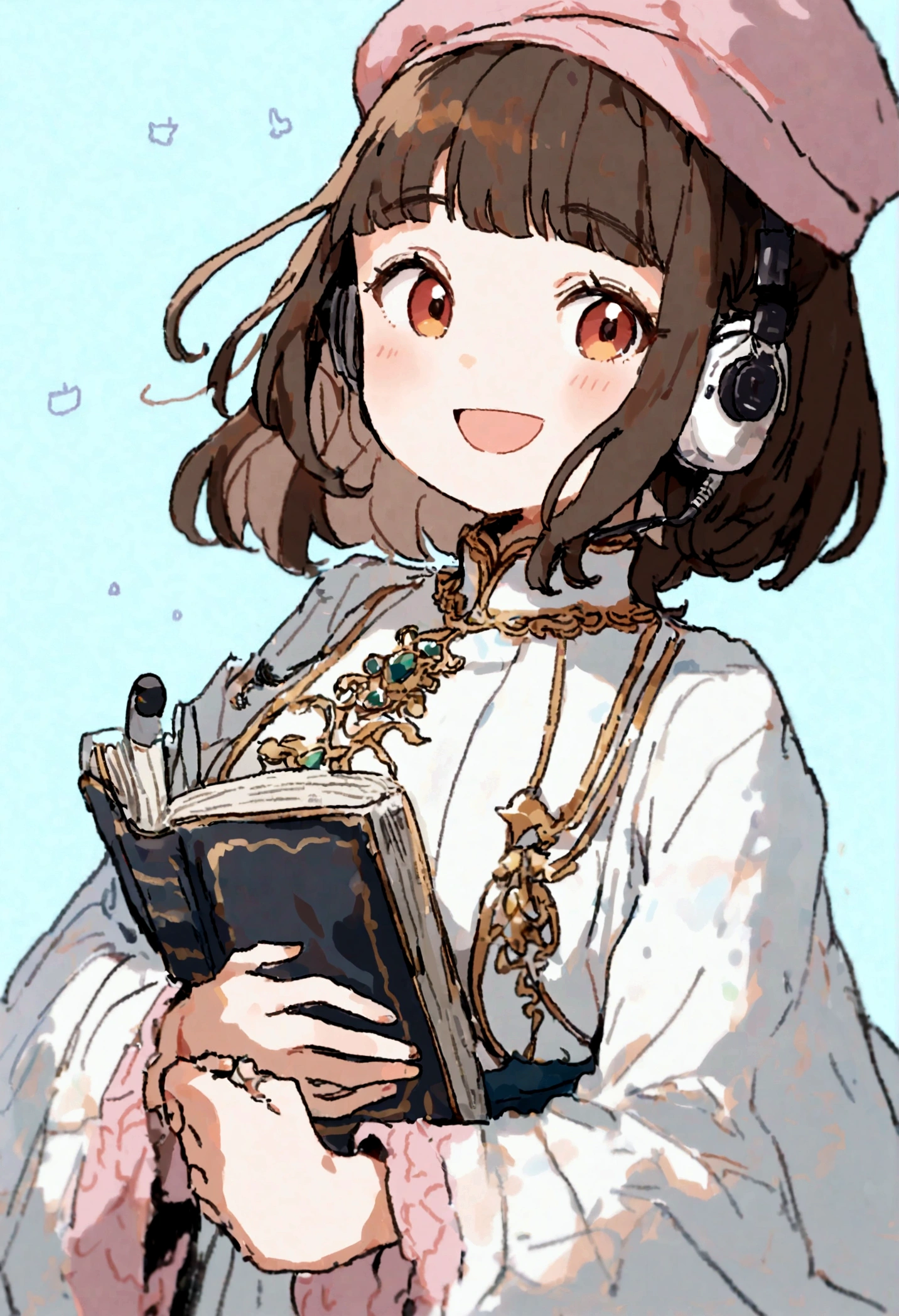 (Daisaku),(Need),(Super meticulous),(full bodyesbian:1.2),1girl,tchibi,adolable,ssmile,open-mouth smile,Light blue background,Raise your right hand,Hold a pencil in hand,Hold a book in your left hand,Music,Pink berets,Manteau,The shirt,short detailed hair,green headwear,Blurred,brunette color hair,longer sleeves,By bangs,Earphone,brunette color hair,(beautiful detailed face),(Beautiful and delicate eyes),