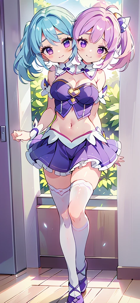 best quality, (masterpiece),(ultra-detailed), (high quality), (high resolution), (3heads:1.5) 1girl, (hot pink hair), (blue hair), ((different hair colors), purple eyes, hair ornaments, magenta armor chest piece, same hair color, age girl,((violet magical girl)), magical girl, gentle smile, high school background, (high ponytail), white collar, exposed midriff