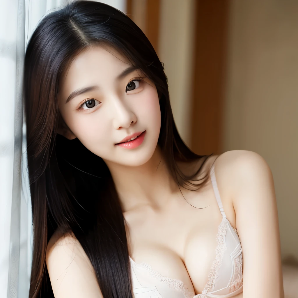 22 years Old young South Korean woman, bra, beauty face, Cute face, thin, long sleek Straight hair style, big breast, nipple, lipstick, holding breast