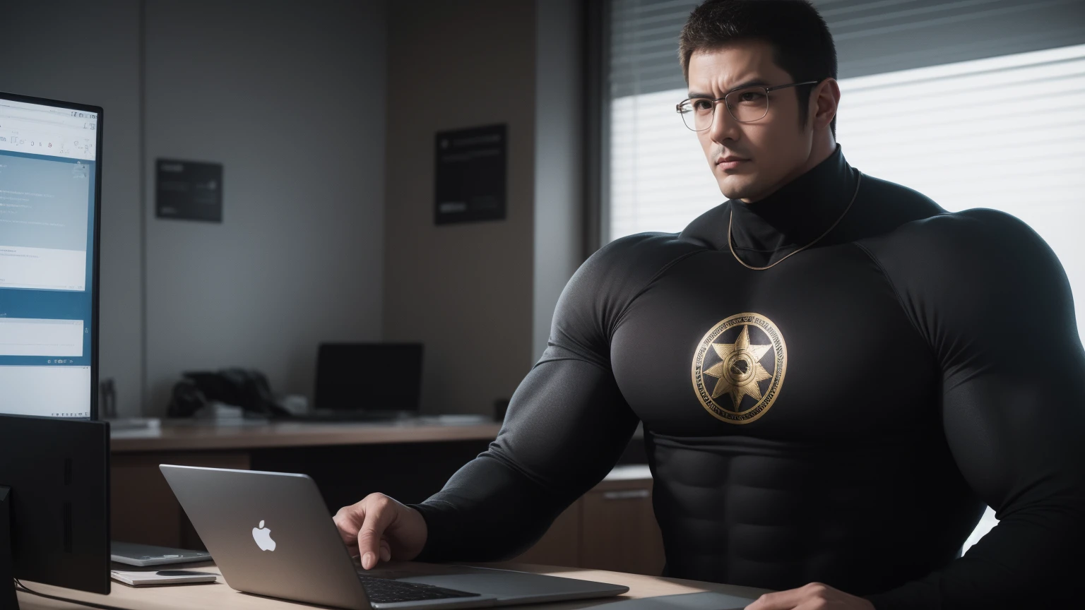 1 super muscular man,  Glasses，Sitting in the office，Work with a laptop，戴Glasses，Buzz Cut，In a luxurious office, Wear a long-sleeved, deep turtleneck bodysuit, Thickened warm elastic texture，Clothes are very dirty with mud stains，The expression is arrogant, Thick thighs, Messy hair, High-necked long-sleeved dark yellow high-necked tights, very tight, Regular symmetrical pattern, Highlight muscles, Police uniform pants, character concept（Resident Evil - Chris Redfield, Chris Redfield）A proud expression, Deep and charming eyes, Heroic male pose, tall Burly, muscular！muscular thighs, tough guy, perfect facial features, High, Burly, Heqiang, Super polished and cool, High Resolution Committee, Charismatic, Sunlight through the window, shine on body