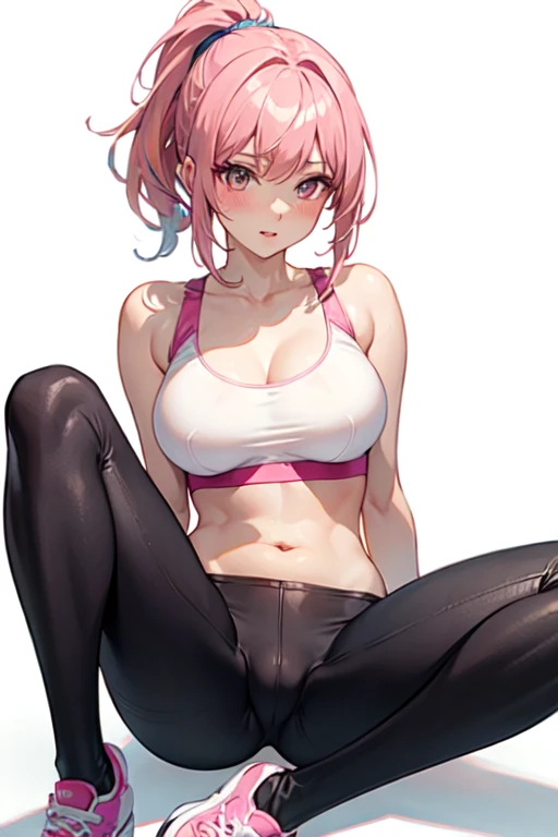 beautiful woman, ponytail pink hair, wear a white tight sport bra , tight pants , nice body , medium big breasts, blushing, embarrassing,high quality, detailed hands