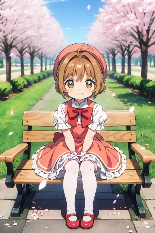 kawaii, anime, Cute,A park with cherry blossoms in full bloom,Cherry blossom petals are scattered,A boy cosplaying as a magical girl,8  boy,Short bob hair,Brown Hair,A red dress with lots of frills,Wearing a white petticoat,Wearing white knee-high socks,Full body portrait,A dynamic pose,Sparkling,Beautiful background,High-definition background,A happy smile