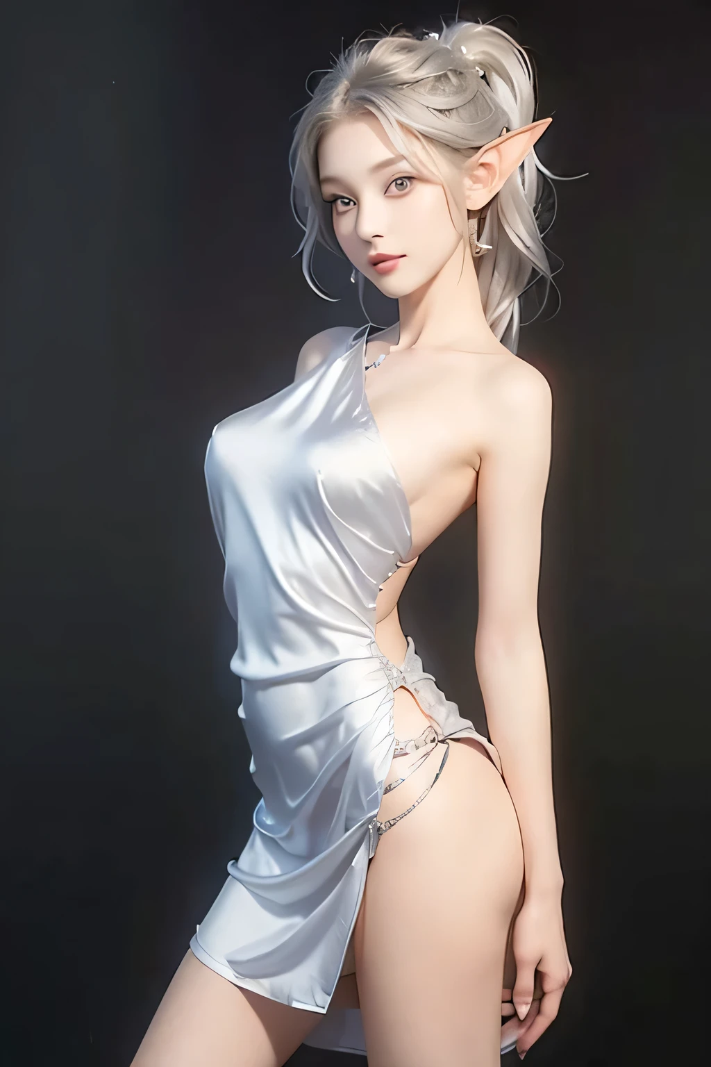 One girl, alone, Beautifully saturated photos by Emily Soto, (Cute elf woman), clavicle, (mature:1.3), highest quality, humid, Fascinating,skinny, smile, no_panties, (Large Breasts), (masterpiece),(highest quality),(((Pussy:1.3))), ((photoRealistic)), One girl, (Silver Hair:1.2),(high ponytail:1.2), Small Ass, Gray background, lips, Realistic, A konigsreuter, (one Shoulder silk Party Dress:1.5),(arm up and arched back:1.2)