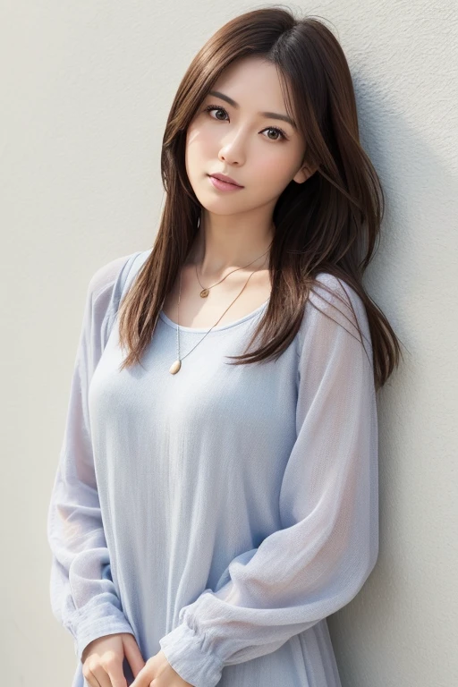 (Highly realistic photos, High resolution, Detailed face, Fine Eyes), ((Photographed in front of a white wall))、Japanese women, 40 years old, various expressions, alone:1, Slim figure, Various Hair Styles, Casual clothing, There is only one person in the photo、Long sleeve dress、Photographed in natural light、Simple Necklace、Spring Clothes、Don&#39;Don&#39;t look at the camera、profile、Pink brown hair color、Bob Hair