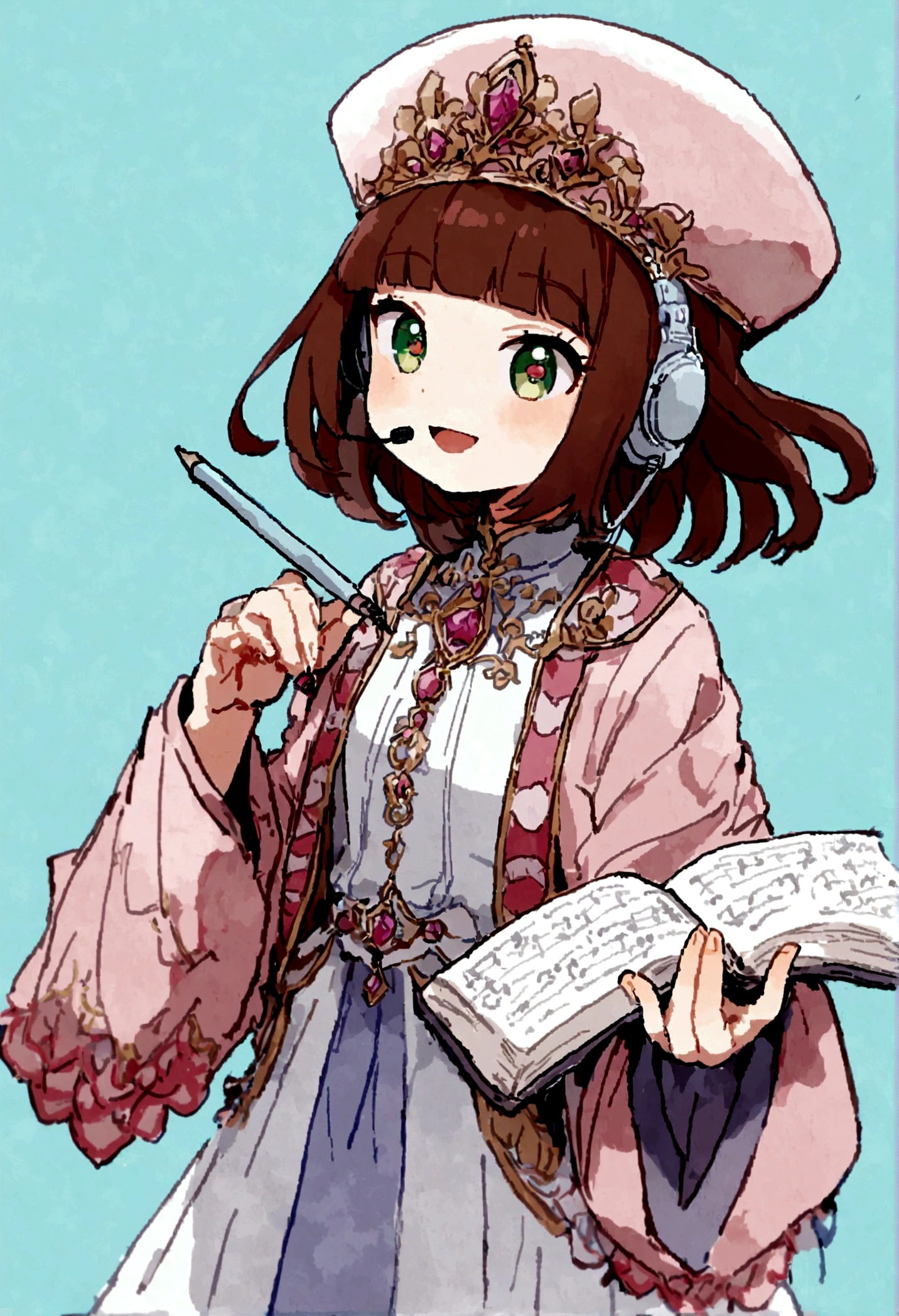 (Daisaku),(Need),(Super meticulous),(full bodyesbian:1.2),1girl,tchibi,adolable,ssmile,open-mouth smile,Light blue background,Raise your right hand,Hold a pencil in hand,Hold a book in your left hand,Music,Pink berets,Manteau,The shirt,short detailed hair,green headwear,Blurred,brunette color hair,longer sleeves,By bangs,Earphone,brunette color hair,(beautiful detailed face),(Beautiful and delicate eyes),