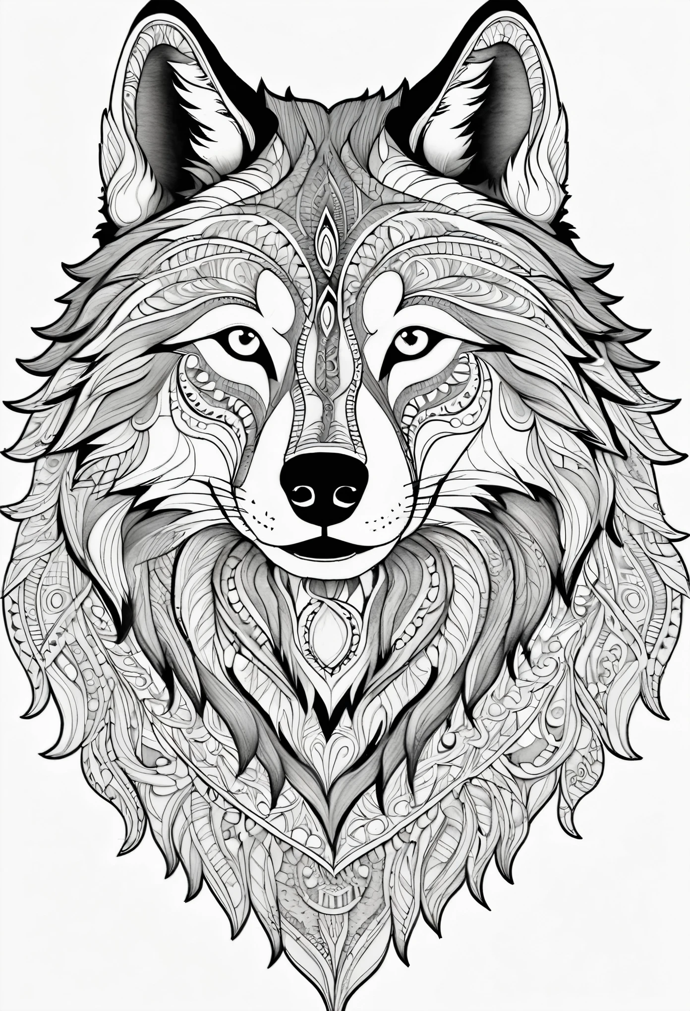 coloring book, wolf, mandala, no shadow, low detailed, 2D, heigt resolution, thick outlines, black and white, vector art, --ar 2:3 --q2 --S250__