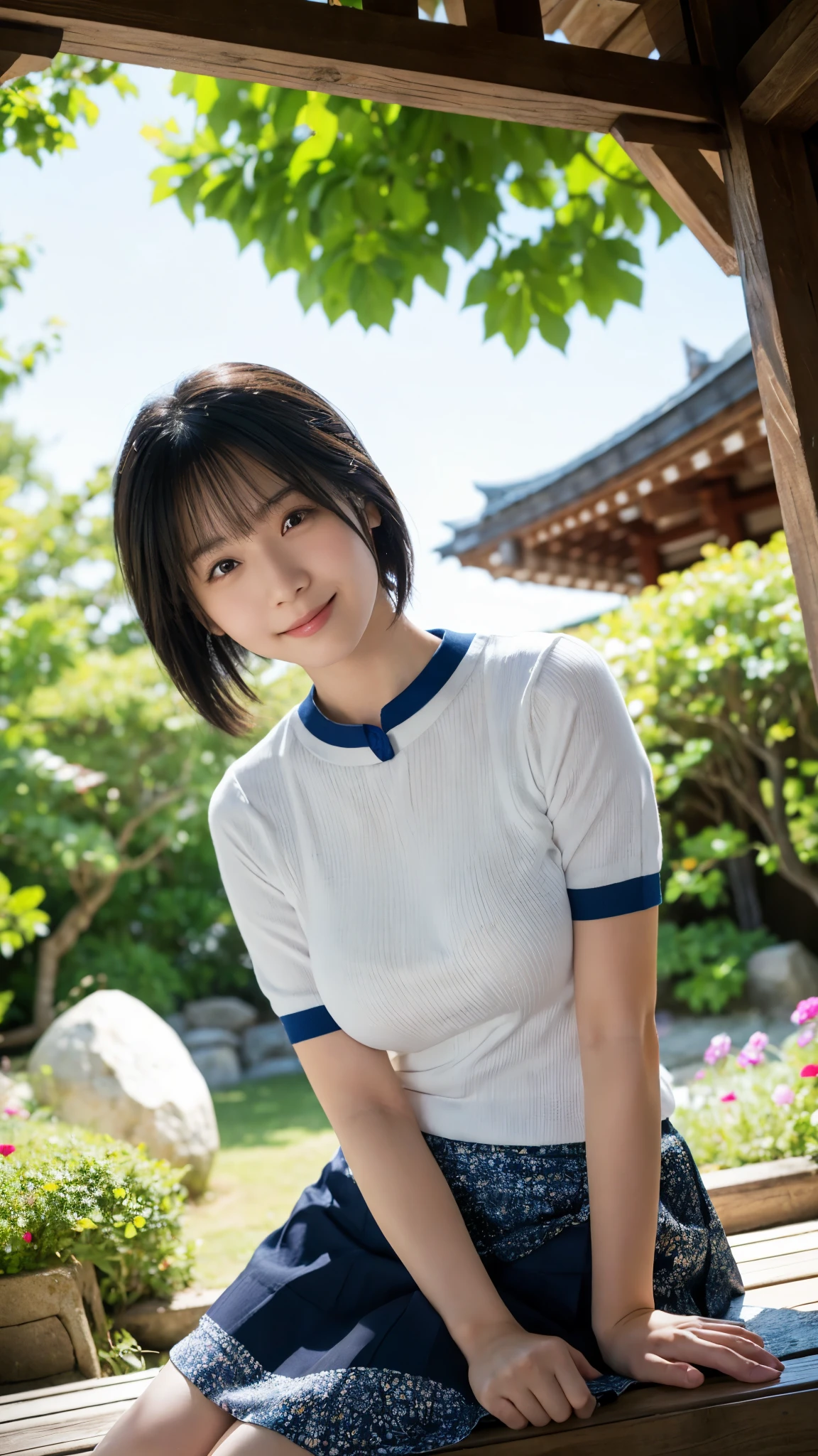 (highest quality,masterpiece:1.3,Ultra-high resolution),(Super detailed,Caustics,8k), (Photorealistic:1.4, RAW shooting),blue sky,Japanese garden,Japanese,20-year-old,smile,Black Hair Middle Hair,(Blue short-sleeved summer knit),Big Breasts,(White Skirt),Waist up shot,(Low position),(Low - Angle),Natural light
