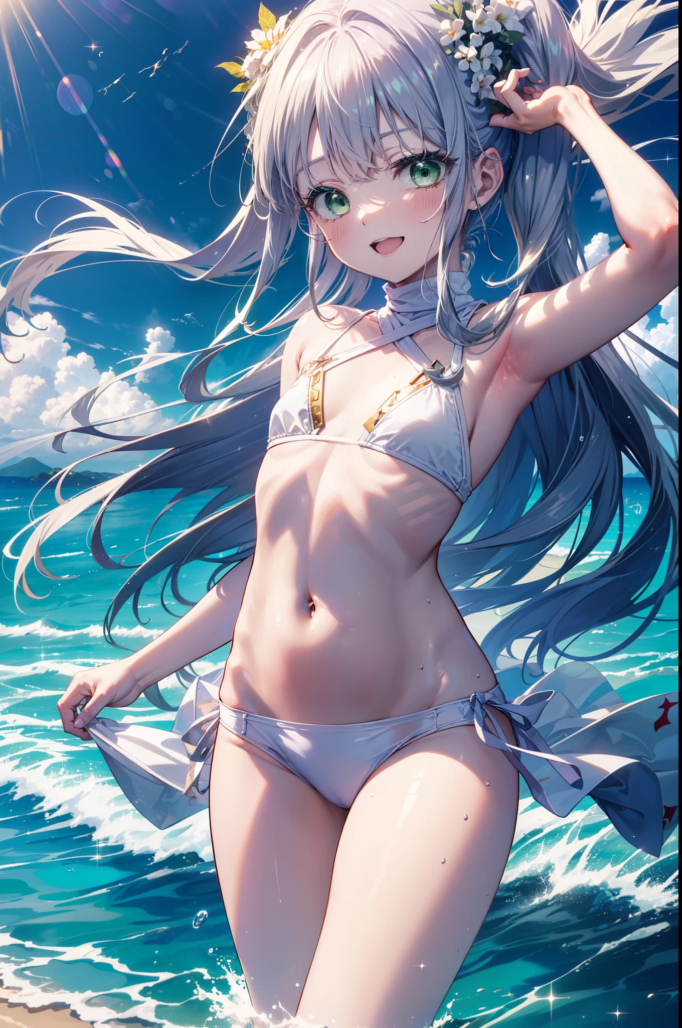 index, index, (Green Eyes:1.5), Silver Hair, Long Hair, (Flat Chest:1.2),happy smile, smile, Open your mouth,White Bikini Swimsuit,Short denim,barefoot,barefoot,ponytail,
壊す looking at viewer, whole body,(Cowboy Shot:1. 5)
Destroy outdoors, Sandy Beach,beach
break (masterpiece:1.2), highest quality, High resolution, unity 8k wallpaper, (figure:0.8), (Beautiful fine details:1.6), Highly detailed face, Perfect lighting, Highly detailed CG, (Perfect hands, Perfect Anatomy),