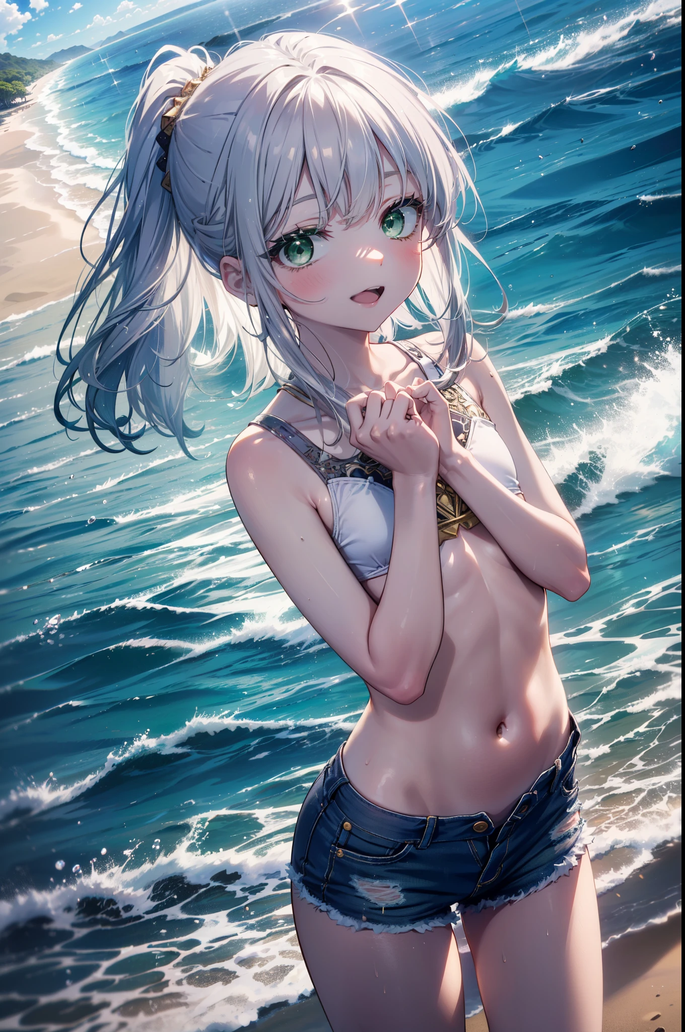 index, index, (Green Eyes:1.5), Silver Hair, Long Hair, (Flat Chest:1.2),happy smile, smile, Open your mouth,White Bikini Swimsuit,Short denim,barefoot,barefoot,ponytail,
壊す looking at viewer, whole body,(Cowboy Shot:1. 5)
Destroy outdoors, Sandy Beach,beach
break (masterpiece:1.2), highest quality, High resolution, unity 8k wallpaper, (figure:0.8), (Beautiful fine details:1.6), Highly detailed face, Perfect lighting, Highly detailed CG, (Perfect hands, Perfect Anatomy),