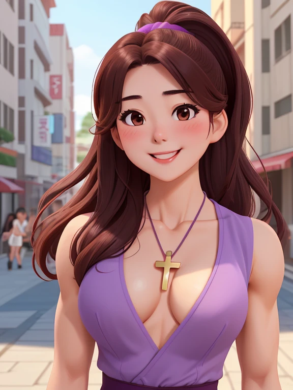 attractive korean woman, ripped muscle, muscular body, small breast, pale skin, smile(blush), purple dress, cross necklace, sixpack abs, [ultra detailed skin:1.2], brown hair, long wavy hair, 8k uhd, pussy, full body, crowd, public, barracks, standing,