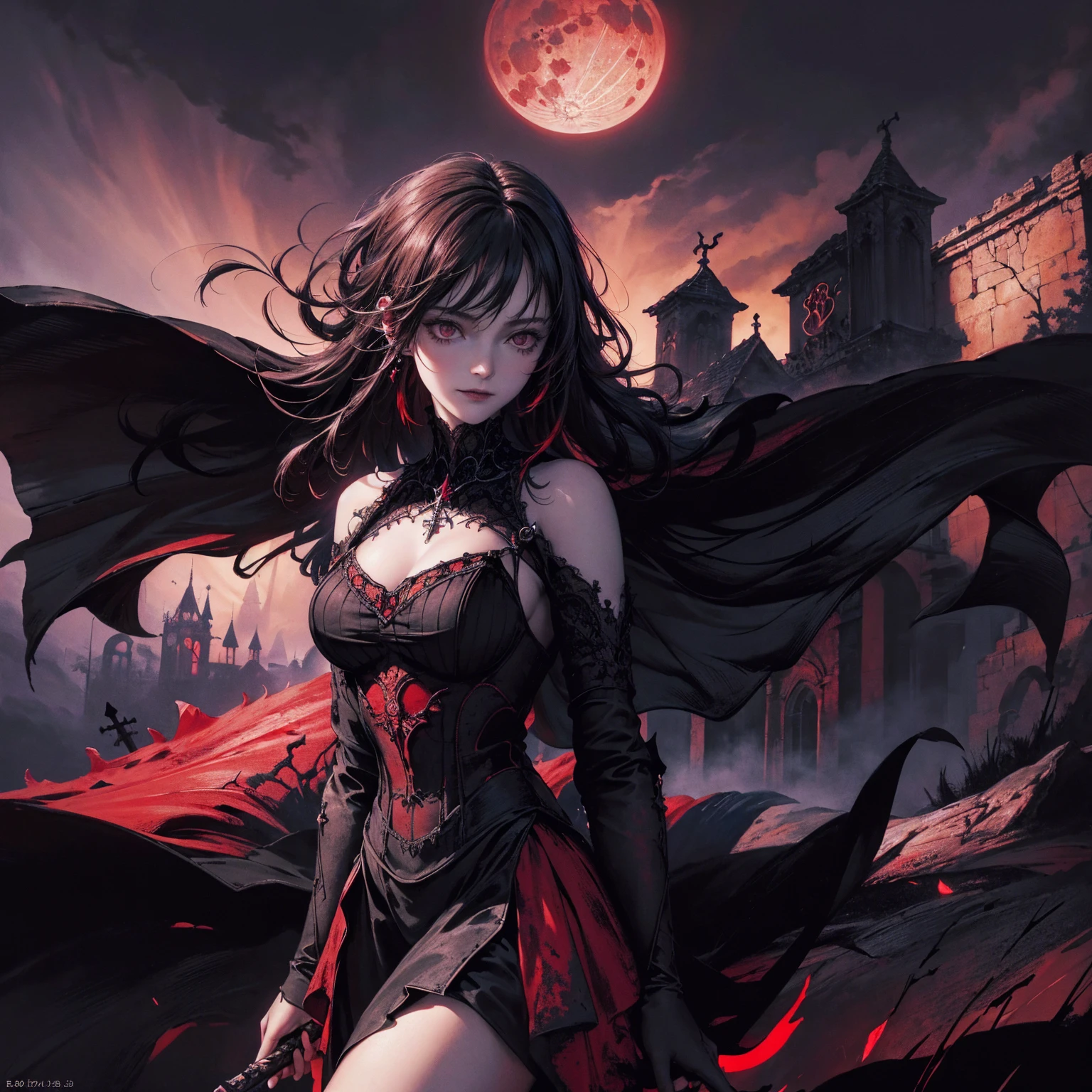 best quality, 4k, High resolution, masterpiece:1.2, Extremely detailed, Practical:1.37, Mood lighting, girl, Dangerous smile, Crucified, Pitch black sky, Red Moonlight, Weird atmosphere, Gothic style, Unforgettable beauty, Dramatic shadows, Ethereal Light, Mysterious atmosphere.