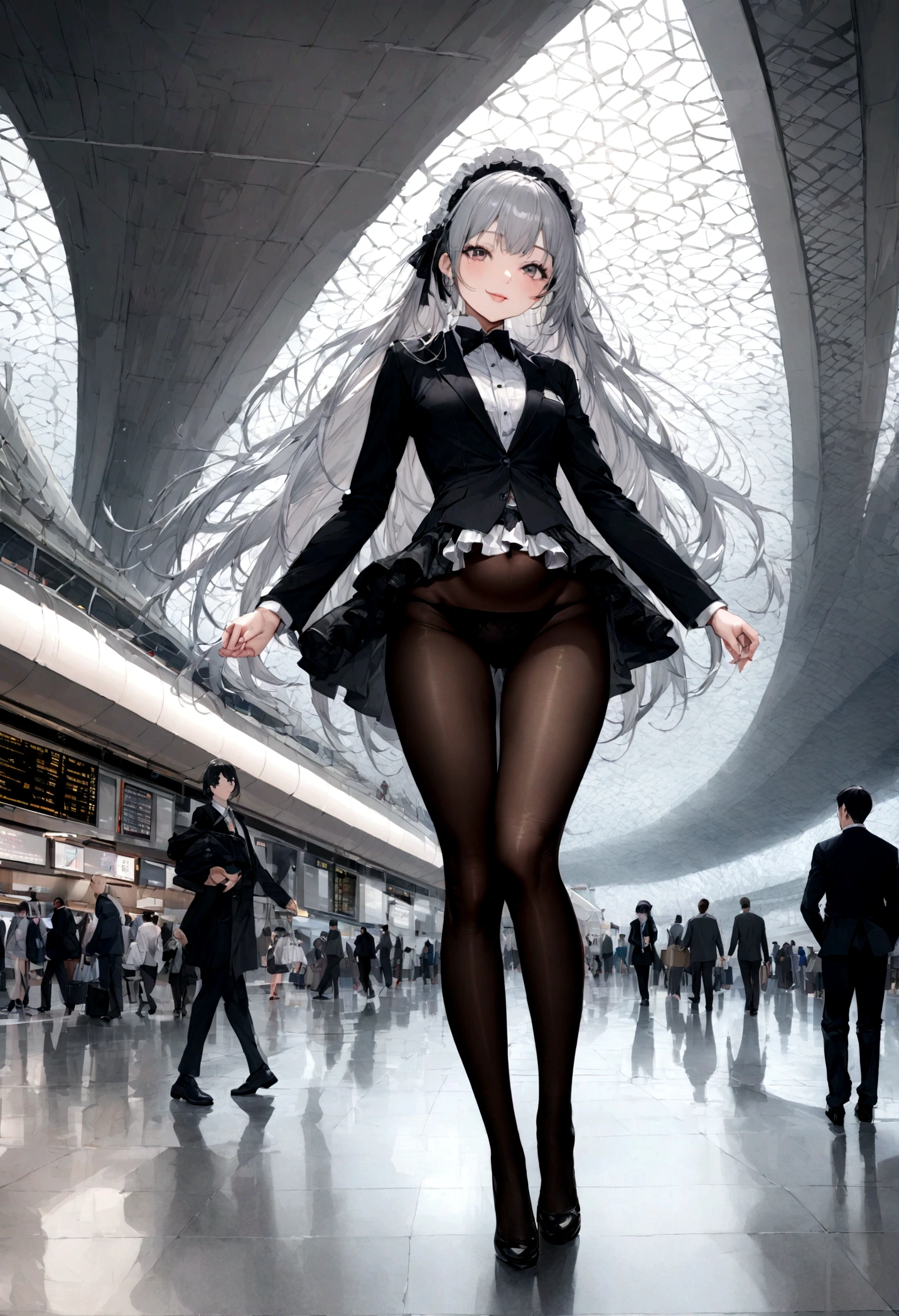 whole body、Belly button、Beautiful legs:1.2, highest quality, Super detailed, In detail, High resolution, Perfect dynamic composition, Natural Lip,Slight Body:1.5 、Show Panties 、Small Breasts 、sexy、Small Breasts、8K photos of Japanese gravure models 、suit、Smiling beauty、ta、Black Pantyhose、airport