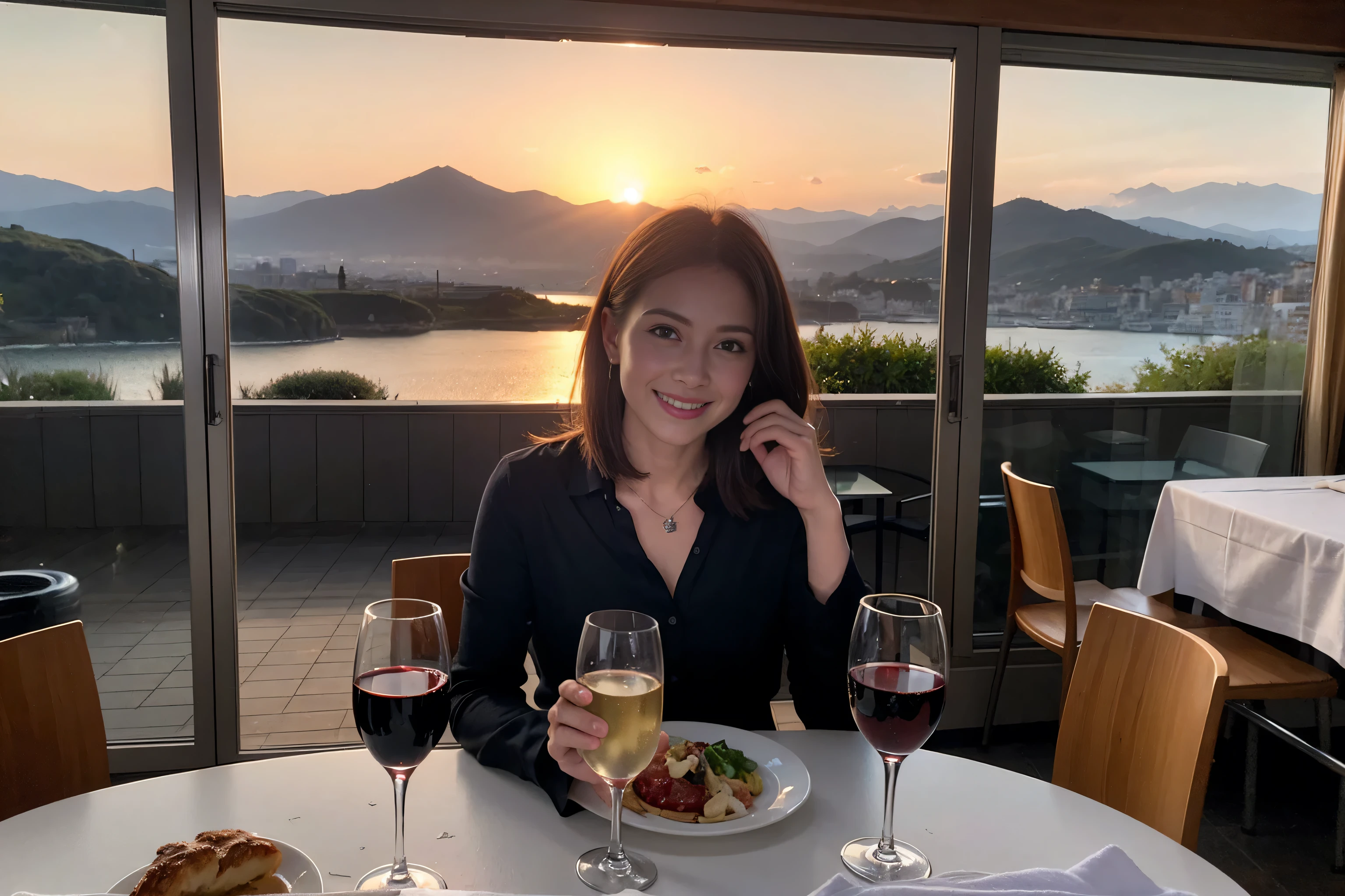 ((highest quality、8k、masterpiece:1.3))、1 male 1 female、spouse、Beautiful couple、smile、 (Slim face), (the body is スリム), (Brown Hair), (Shortcuts), ((Bob Hale、Straight hair:1.2)), Wine glass on the table、Please shine a light on my face、 Amazing view of the sunset sky and clouds、Amazing mountain views、The beauty of a smile、Bright image、Blushing, Shortcuts,Bright Face、 (42 years old), 39 years old, red wine 、Appetizers、Italian food、Wine bottle、Champagne、sparkling wine、Long sleeve shirt、dress、Attractive beauty、restaurant, Nova Frog Style, actress, model, Upper Body, White wine, red wine, wine glass,
