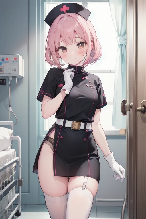 1girl, solo, nurse, nurse cap, white wear, ((white legwear, zettai ryouiki)), white gloves, pink hair, drooping eyes, ((covered nose)), standing, ((hospital room)), sharp outline, short sleeves, best quality, masterpiece,Fleshy,Brown eyes,Fleshy,Black hair,happy,lol,Heart,belt,Black clothes,Exposing underwear,Black lingerie,miniskirt