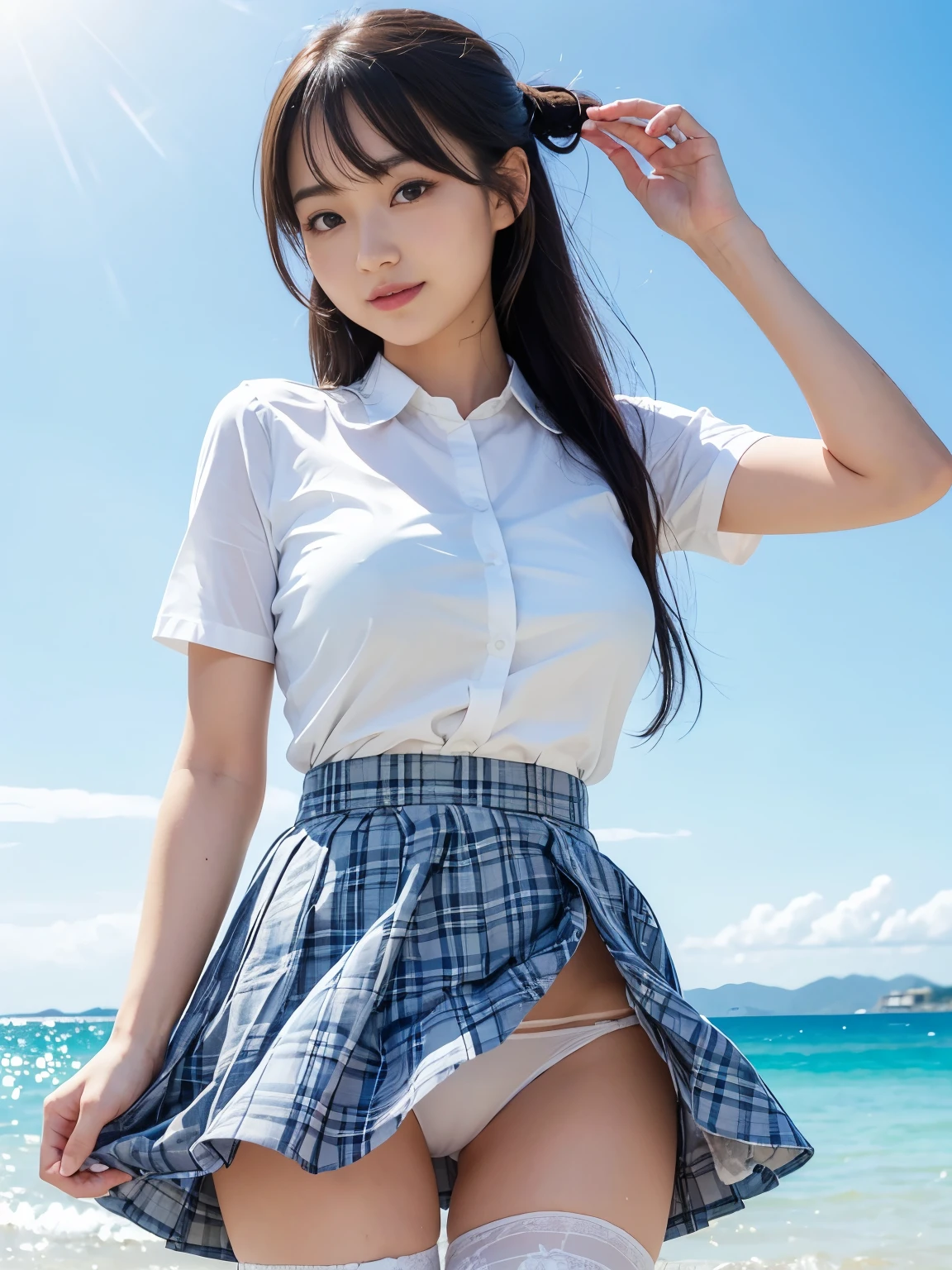 ultra highres,(reality: 1.4),highest quality, masterpiece, high detail, 16K quality, beautiful, 1 beautiful girl,japanese,super beautiful face,,japanese idol face,cute face,super detailed face,detailed hand,beautiful skin,sweaty skin,big eyes,big smile,profeccional lighting,medium hair, black hair,brown beautiful eyes, see through white shirt,cleavag,checked skirt,standing,((skirt lift by hands)),(((show off panty))),((white panty)),medium breasts,she is looking at the camera,beach,blue sky, beautiful blue ocean,nsfw,from front,
