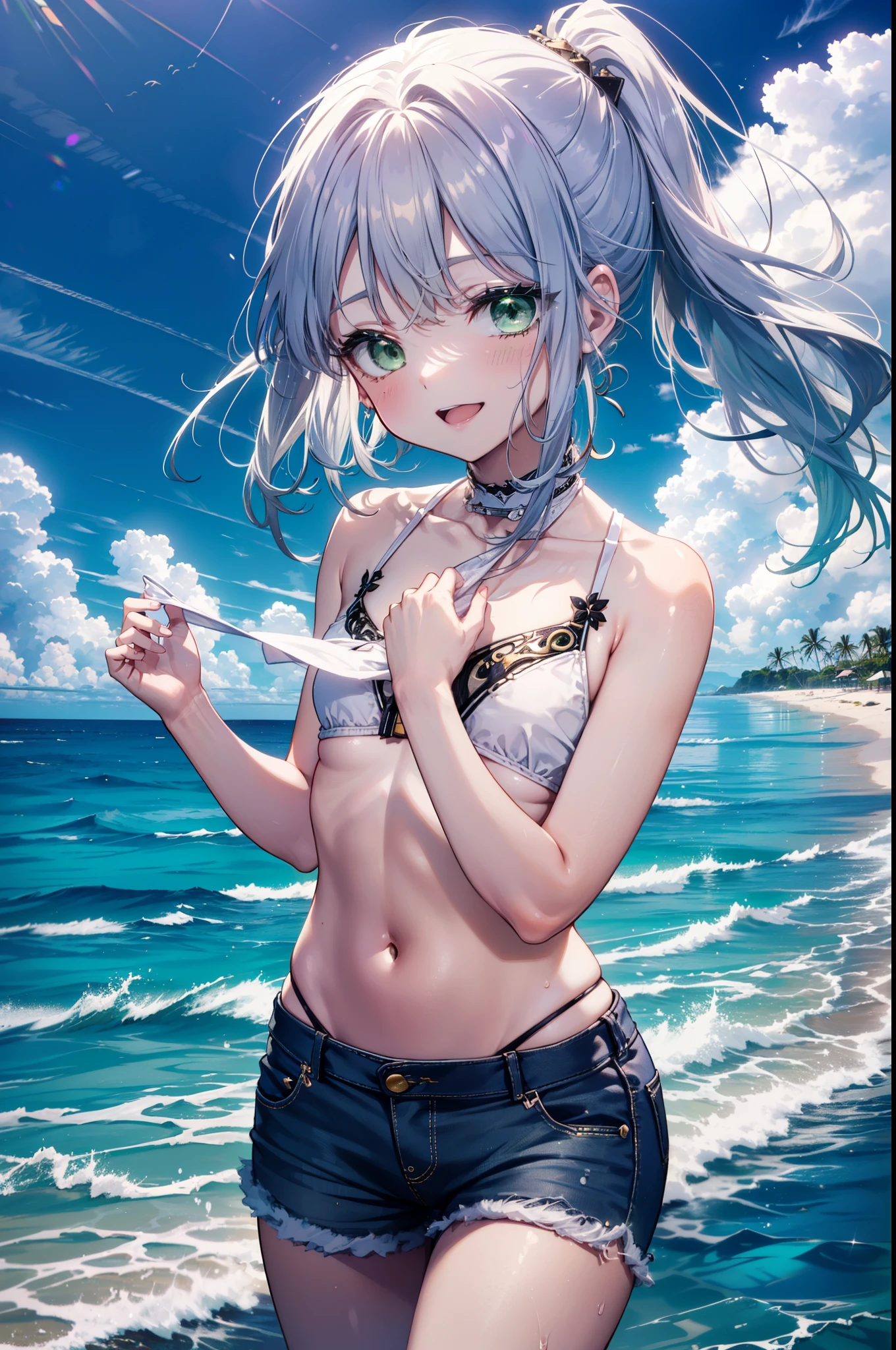 index, index, (Green Eyes:1.5), Silver Hair, Long Hair, (Flat Chest:1.2),happy smile, smile, Open your mouth,White Bikini Swimsuit,Short denim,barefoot,barefoot,ponytail,
壊す looking at viewer, whole body,(Cowboy Shot:1. 5)
Destroy outdoors, Sandy Beach,beach
break (masterpiece:1.2), highest quality, High resolution, unity 8k wallpaper, (figure:0.8), (Beautiful fine details:1.6), Highly detailed face, Perfect lighting, Highly detailed CG, (Perfect hands, Perfect Anatomy),