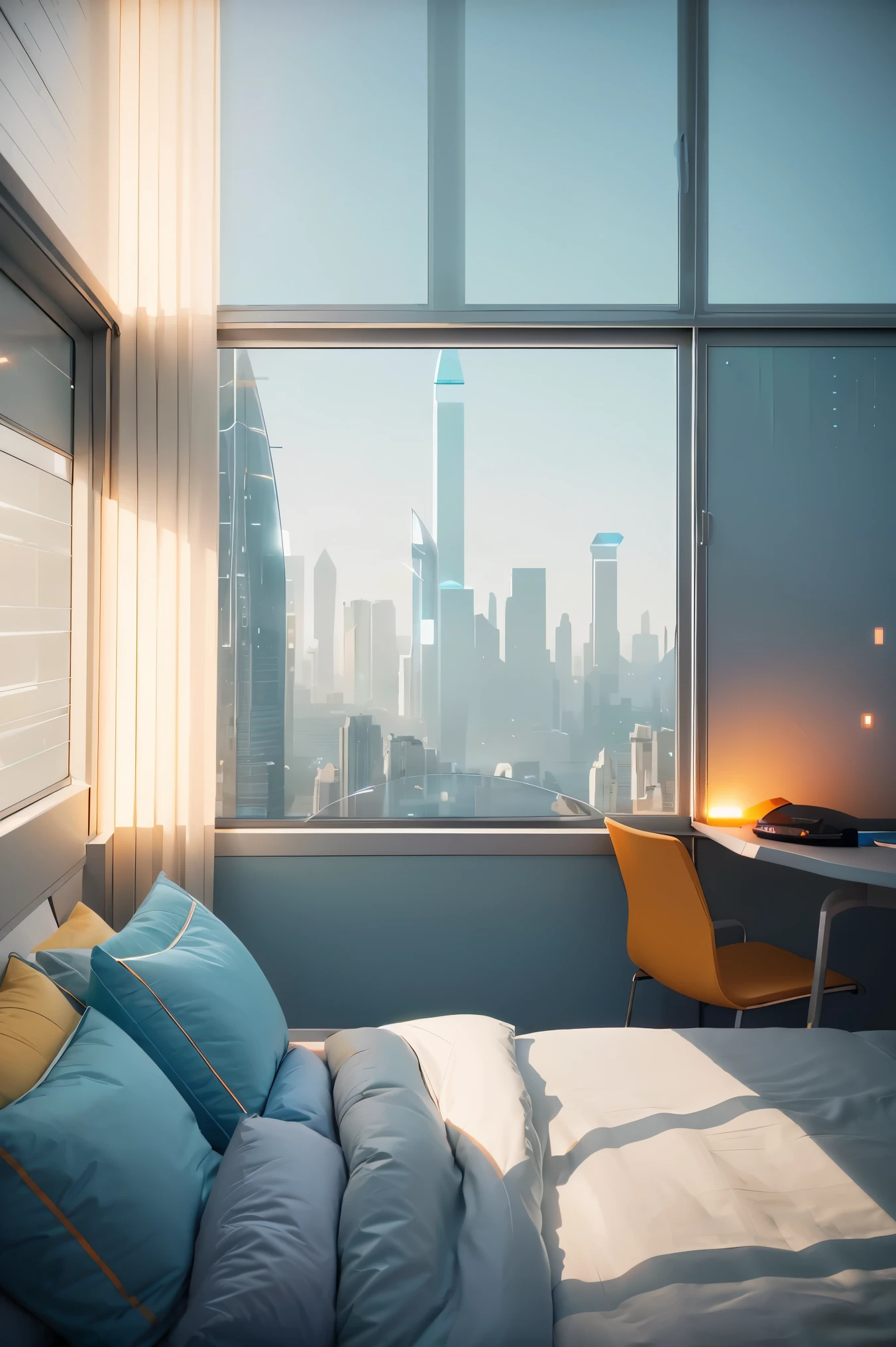 a gorgeous sci - fi bedroom matte painting by john harris, sparth and greg rutkowski. sharp edges, tiffany blue, grey orange, white and golden. sci - fi bedroom in a space base, outside the windows a future city skyline, light effect. ultra clear detailed, 3 d, octane render. 8 k, 1girl, solo, 