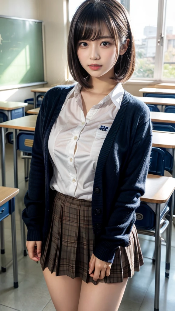 masterpiece, best quality, illustration, Super detailed, fine details, High resolution, 8K,wall paper, perfect dynamic composition,(Details High quality, realistic depiction of eyes:1.3), High School Classroom、High school girl uniform、Cardigan、Super Short Check Uniform Skirt、Navy blue high socks、Colossal tits、Disturbed uniform、short bob hair, black hair color, Big Natural Color Lip, bold sexy pose, (perfect body shape), crying a little、Harajuku style、20 year old girl、cute type, beautiful legs, hposing Gravure Idol