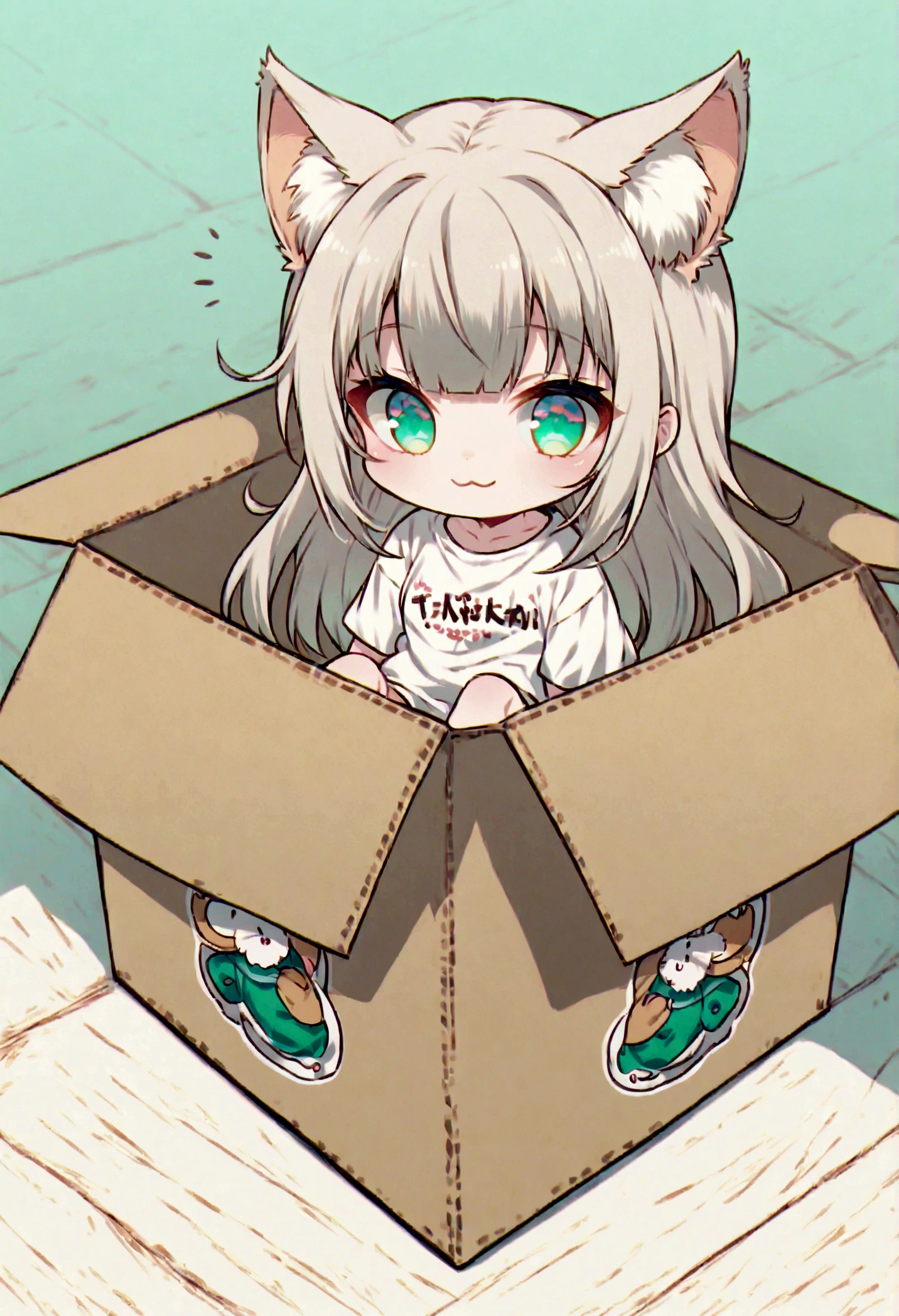  best quality, masterpiece, uncensored, by 40hara, source_anime demon slayer nezuko, solo, solo, text on shirt, sitting, topwear, looking at viewer, shirt, teal eyes, barefoot, inside the box, cardboard box, inner ear fluff, clothed, green eyes, :3, chibi