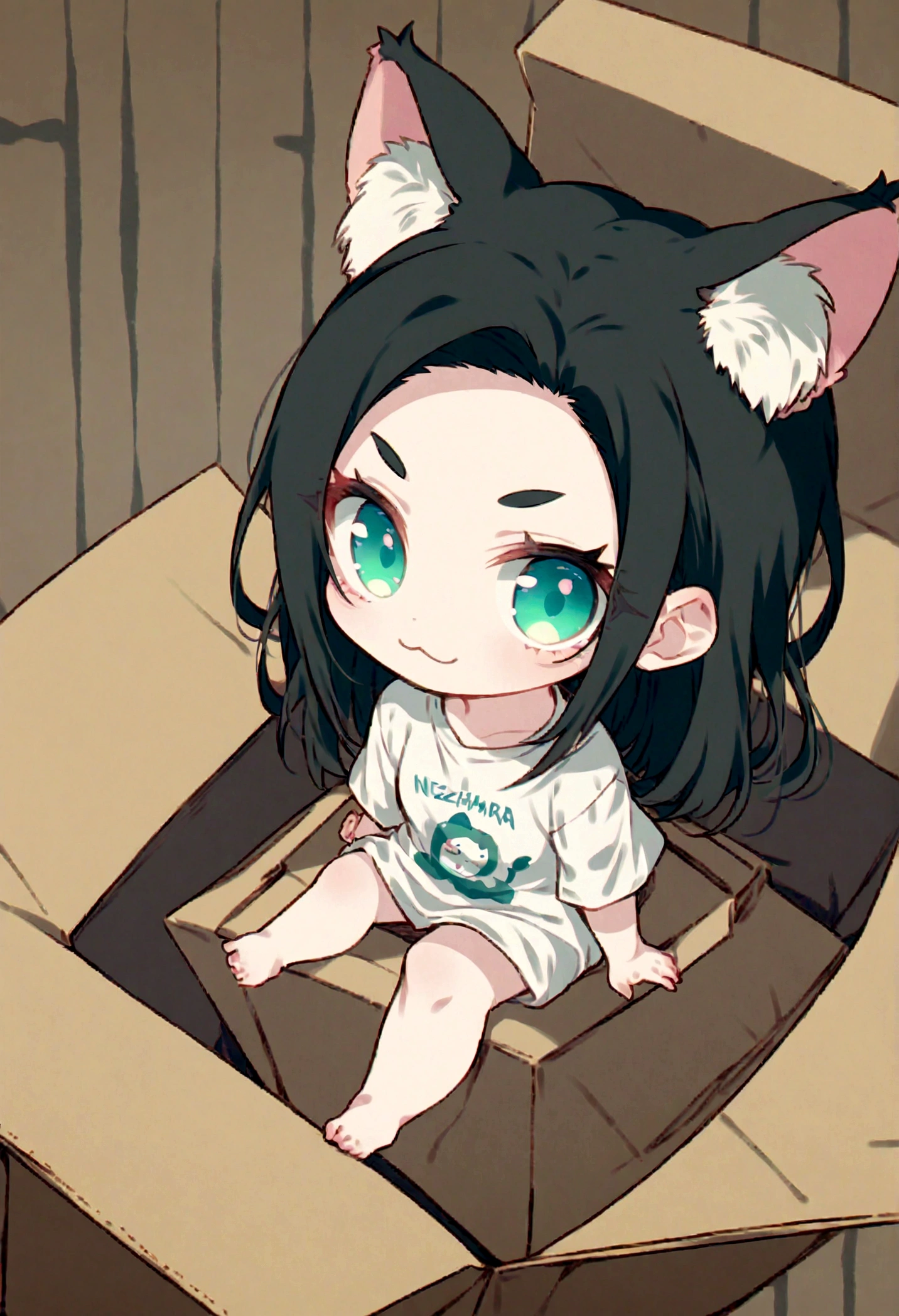  best quality, masterpiece, uncensored, by 40hara, source_anime demon slayer nezuko, solo, solo, text on shirt, sitting, topwear, looking at viewer, shirt, teal eyes, barefoot, inside the box, cardboard box, inner ear fluff, clothed, green eyes, :3, chibi