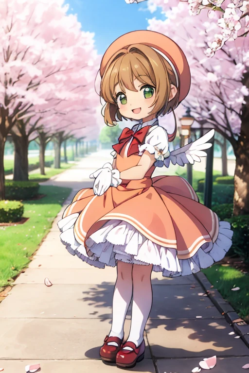 kawaii, anime, Cute,A park with cherry blossoms in full bloom,Cherry blossom petals are scattered,A boy cosplaying as a magical girl,8 year old boy,Short bob hair,Brown Hair,A red dress with lots of frills,Wearing a white petticoat,Wearing white knee-high socks,Full body portrait,A dynamic pose,Sparkling,Beautiful background,High-definition background,A happy smile