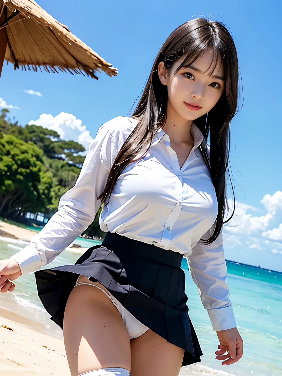 ultra highres,(reality: 1.4),highest quality, masterpiece, high detail, 16K quality, beautiful, 1 beautiful girl,japanese,super beautiful face,,japanese idol face,cute face,super detailed face,detailed hand,beautiful skin,sweaty skin,big eyes,big smile,profeccional lighting,medium hair, black hair,brown beautiful eyes, see through white shirt,cleavag,checked skirt,standing,(skirt lift by hands:1.3),(((show off panty))),((white panty)),medium breasts,she is looking at the camera,beach,blue sky, beautiful blue ocean,nsfw,from below,