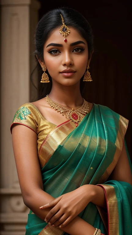 (high quality, masterpiece, HDR, 256K), (hyper-realistic, photorealism) 20 year old extremely beautiful Tamil girl, (intricate detailed extremely beautiful face, eyes, ears, nose, lips, textured skin), eyes symmetry (lips closed). Full Body holding wrist. Wearing Red Silk Saree. Straight Front View.