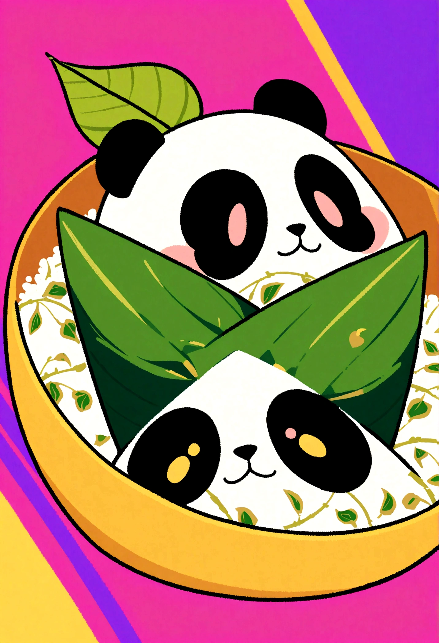 A panda-shaped zongzi, made of glutinous rice, has a cute expression, the lower half of the body is wrapped in tapered leaves, the head sticking out of the leaves, equidistant, cartoon-style, Macro Lens, studio light, bold color scheme
