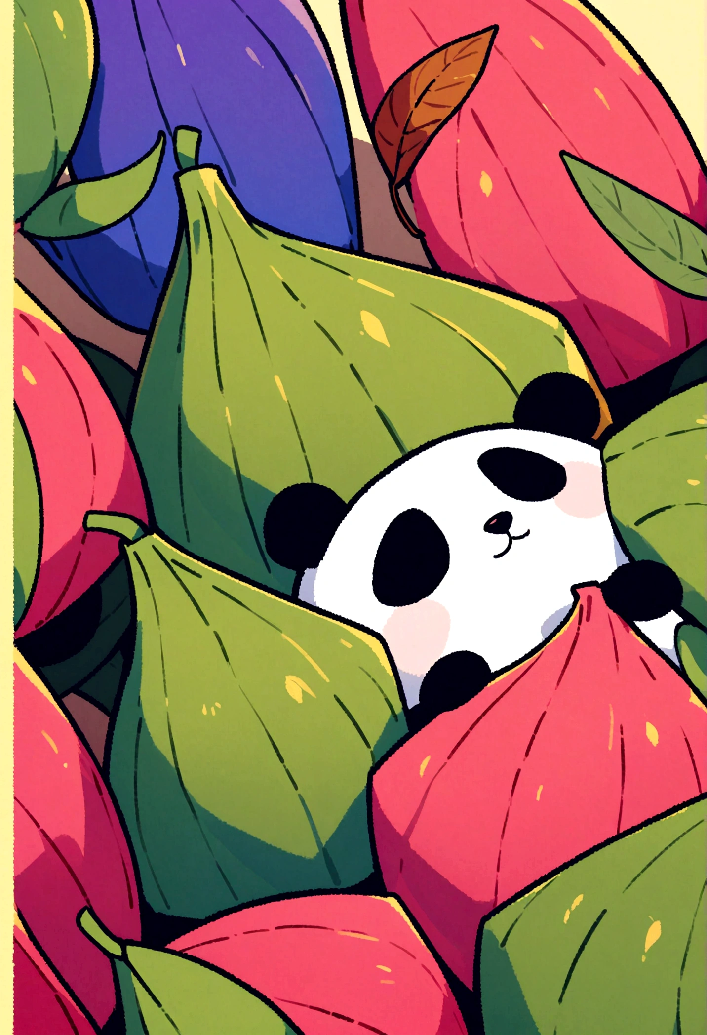 A panda-shaped zongzi, made of glutinous rice, has a cute expression, the lower half of the body is wrapped in tapered leaves, the head sticking out of the leaves, equidistant, cartoon-style, Macro Lens, studio light, bold color scheme