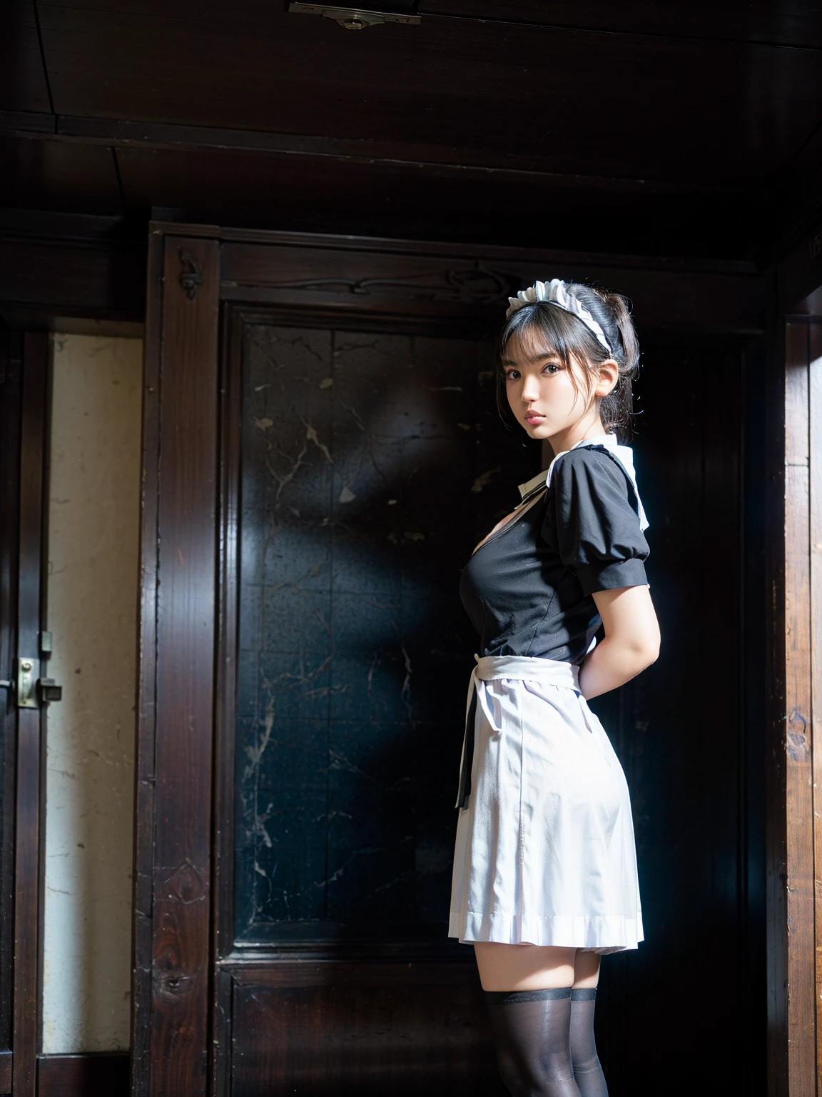 (41k4:0.8), (aika-sawaguchi:0.8), masterpiece, Best Quality, 8K, Raw photo, (wearing maid uniform:1.6), top-notch quality, masterpiece, (arms behind back:1.3), solo, (1 pretty Japanese girl), (wearing black stockings:1.2), exceptionally detailed RAW color photo, professional-grade photograph, (facing viewer:1.5), (front view:1.5), (Realistic, Photorealistic:1.37), (highly detailed skin:1.2), Ultra-high resolution, (lens 50mm), (masterpiece, top-quality:1.3), (hyper realistic:1.35), (Photorealistic:1.45), (Realistic:1.4), (looking at viewer:1.4), (1 beautiful girl), 21 years old, Japanese idol, supermodel, pale skin, (slim:1.3), (slim body:1.25), (slender body:1.25), (narrow waist:1.25), pretty face, (large breasts:1.15), (deep cleavage:1.2), gravure idol