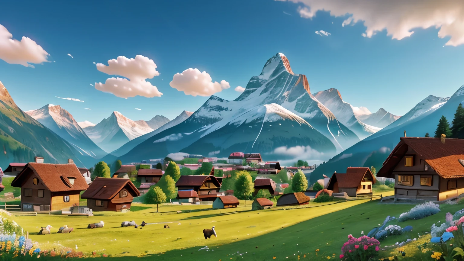A breathtaking photo of the Swiss Alps, with a in traditional clothing surrounded by goats and wildflowers in the foreground, captured in HDR for maximum detail and vibrancy. The scene evokes nostalgia and a sense of adventure, reminiscent of the beloved movie "Heidi"