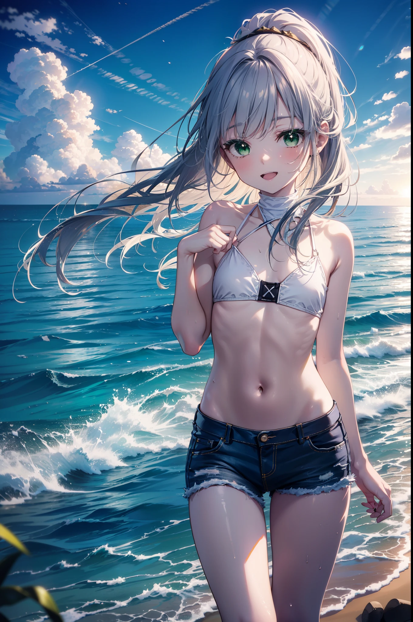 index, index, (Green Eyes:1.5), Silver Hair, Long Hair, (Flat Chest:1.2),happy smile, smile, Open your mouth,White Bikini Swimsuit,Short denim,barefoot,barefoot,ponytail,
壊す looking at viewer, whole body,(Cowboy Shot:1. 5)
Destroy outdoors, Sandy Beach,beach
break (masterpiece:1.2), highest quality, High resolution, unity 8k wallpaper, (figure:0.8), (Beautiful fine details:1.6), Highly detailed face, Perfect lighting, Highly detailed CG, (Perfect hands, Perfect Anatomy),