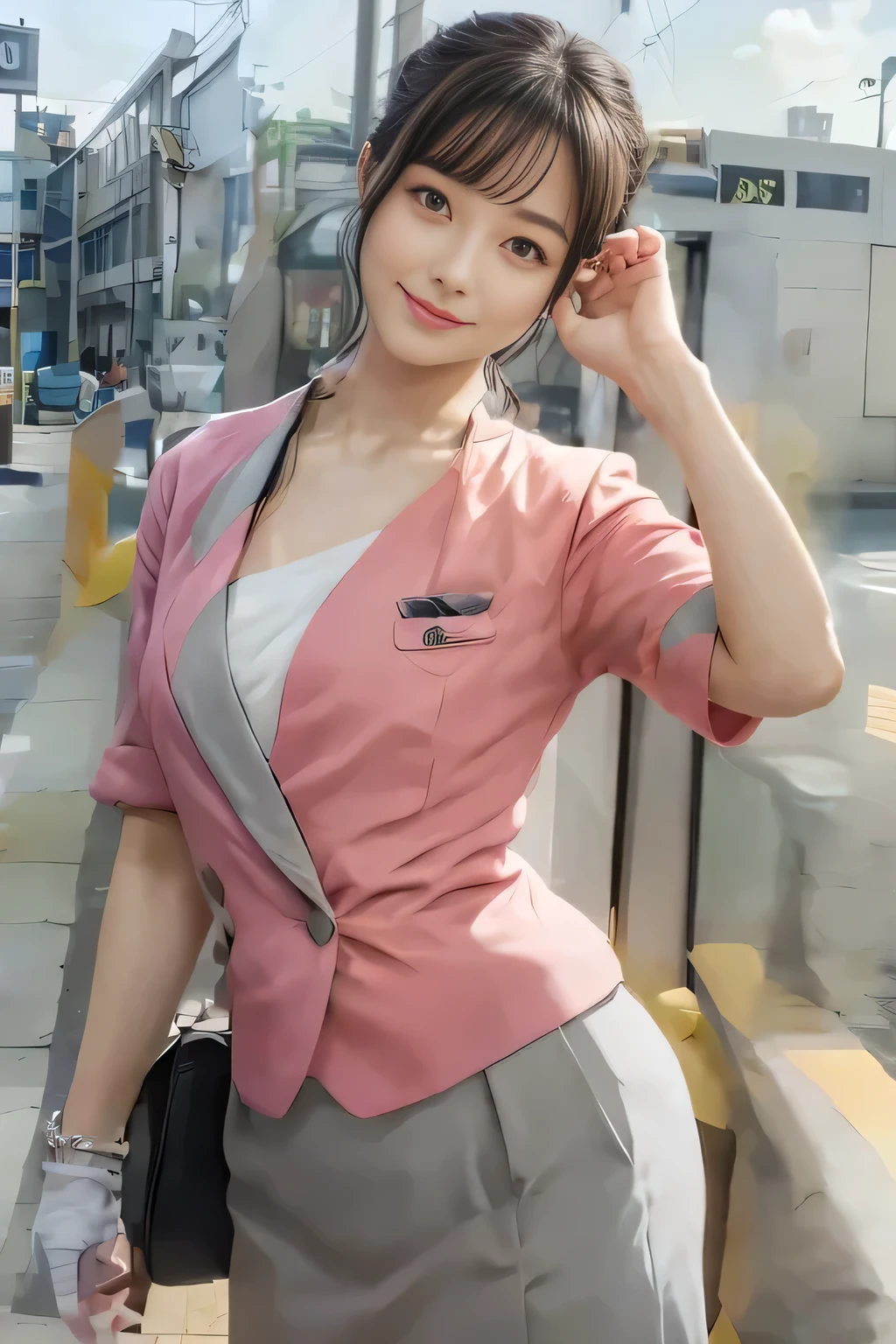 (masterpiece:1.2, highest quality:1.2), 32K HDR, High resolution, (alone、1 girl)、(On the rooftop of a building in the daytime、Professional Lighting)、Building rooftop background、(Nankai train crew uniform pinkを着たリアルスタイル)、(Nankai train crew uniform pink short sleeve pink jacket、Nankai Train Crew Uniform Pink Collarless Short Sleeve Blouse、Nankai Train crew uniform pinkのグレー色のキュロットスカート)、Dark brown hair、(Hair tied up、Hair Bun、Hair Bun)、Dark brown hair、Long Shot、Big Breasts、Thin legs、((Great hands:2.0)),((Harmonious body proportions:1.5)),((Normal limbs:2.0)),((Normal finger:2.0)),((Delicate eyes:2.0)),((Normal eyes:2.0)))、smile、(Nankai Train crew uniform pinkのグレー色のキュロットスカートを見せた美しい歩く姿)、Keep your hands natural