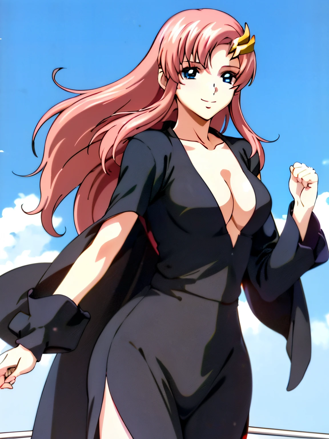 lacus4, (thin girl, masterpiece, cowboy shot, 4K, Best Quality, Anime style: 1.9, happy, tall woman, Adult Woman, (Crowd, cloud background), Drawing lines, high resolution, lacus4), 1girl, Solo, curvy figure, clavicle, scapular, (slim arms), large hands, (pink hair, long hair, hair ornament). (Big blue eyes, shiny eyes), ((female wrestler, (slim body), slim arms, closed fists)), ((perfect proportions, small cleavage)), ((black long abaya)), smile with a wink, (standing, hot colors), detailed fingers,