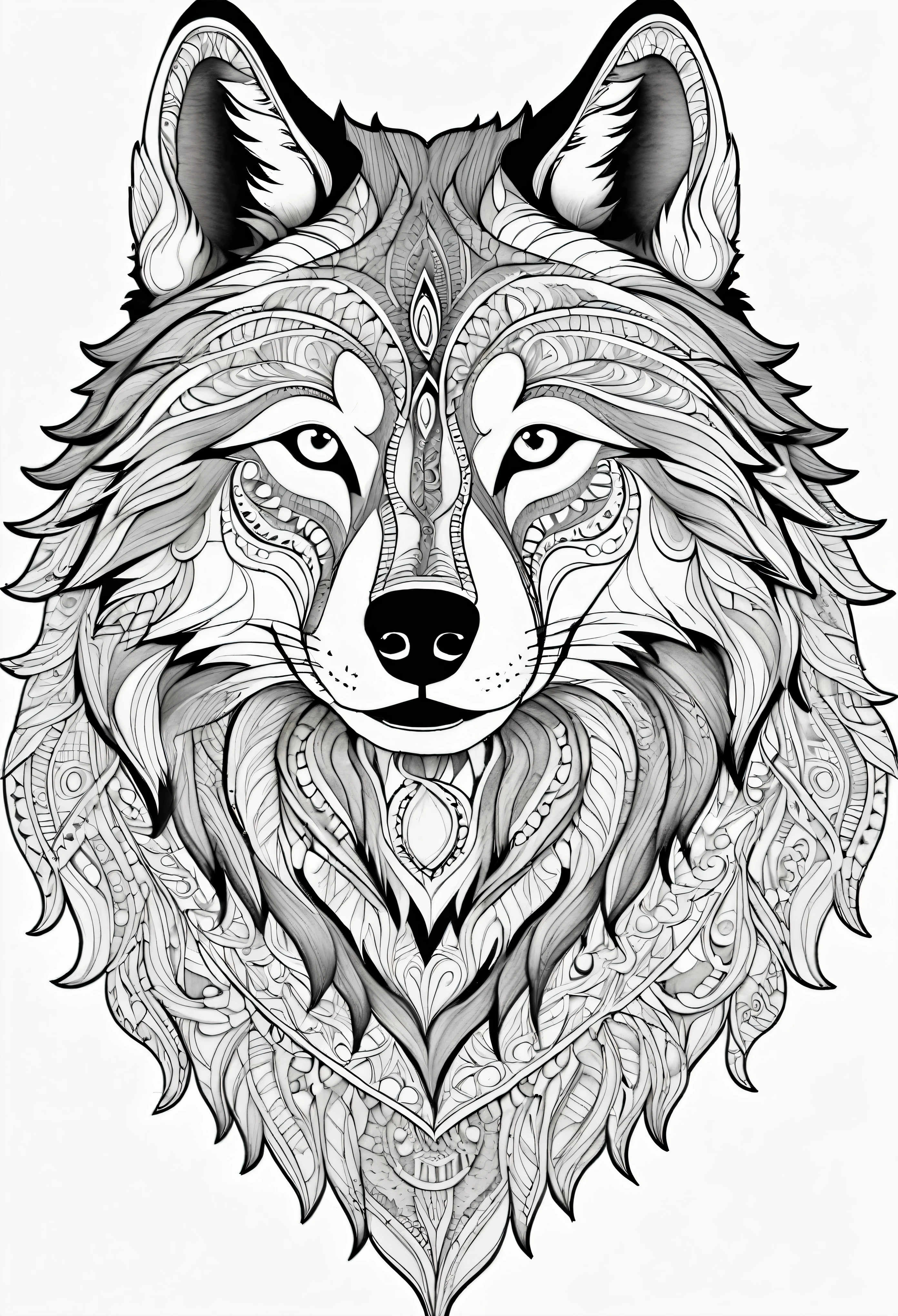 coloring book, wolf, mandala, no shadow, low detailed, 2D, heigt resolution, thick outlines, black and white, vector art, --ar 2:3 --q2 --S250__