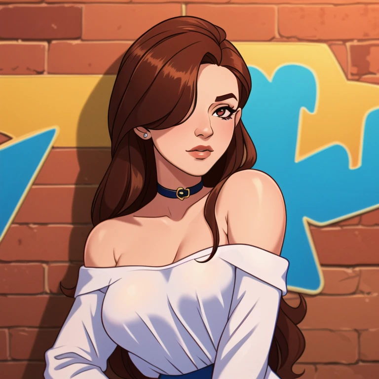 ultra realistic 8k cg, masterpiece, ((ultra detailed background, delicate pattern, intricate detail)), best quality, intricate details, chromatic aberration, 1girl, long hair, golden hair, messy hair, red highlights, hair over one eye, sharp eyes, choker, brick wall, graffiti, dim lighting, alley, oversized shirt,off shoulder, see through white shirt, Masterpiece, best quality